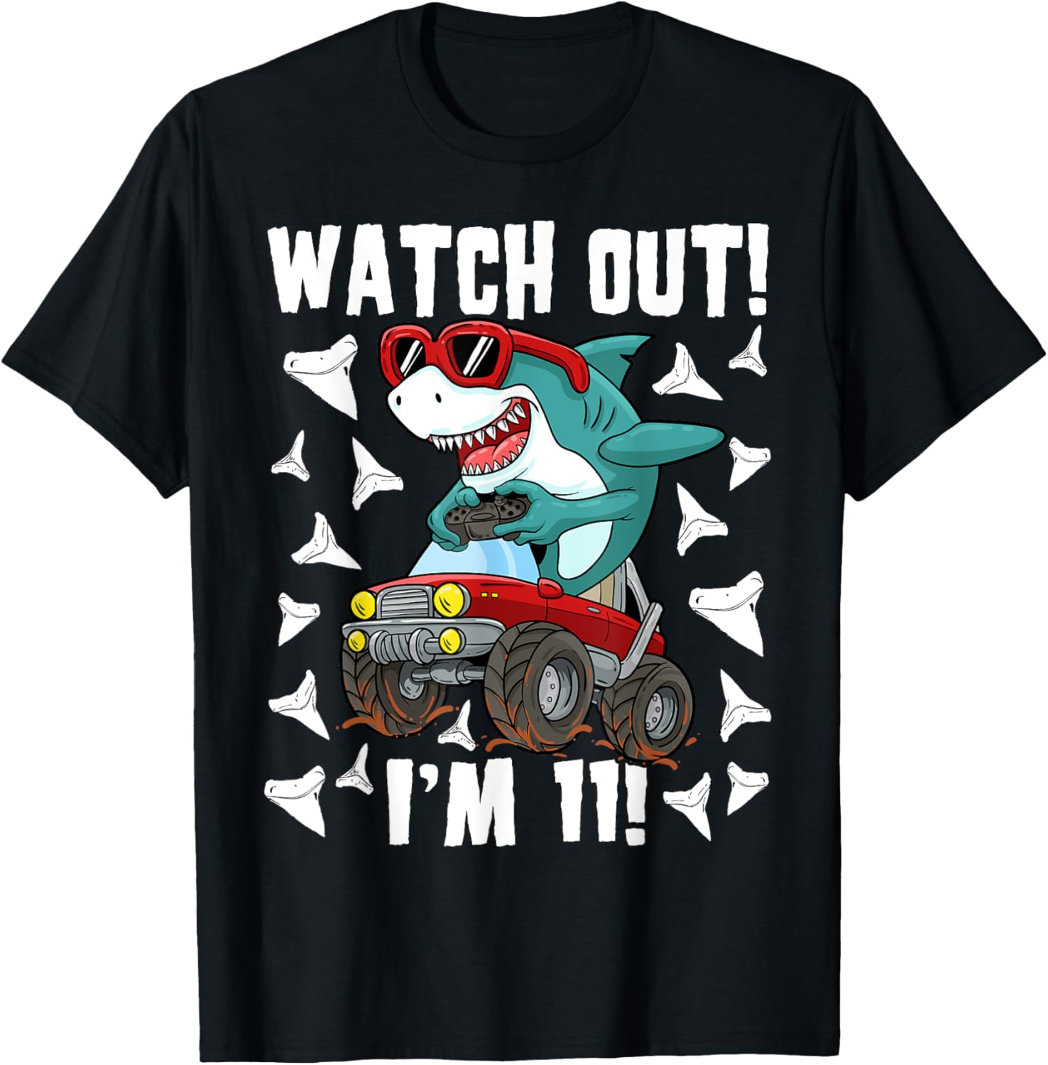 11 Years Old 11th Birthday Shark Boy Monster Truck Gamer Apparel | US Viral Style