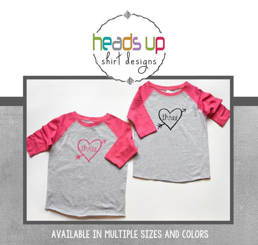 3rd Birthday Shirts Twin Girls   Twin Raglan 3 tshirts Toddler Girls   Third Bday Tees Twins   Heart Coordinating Three t shirts Twin Girls