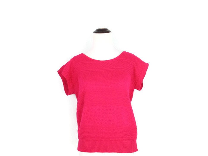 1980&#39;s Hot Pink Sweater Vintage Pink Open Knit Short Sleeve Cotton Blend Sweater 80&#39;s Bright Pink Short Sleeved Knit Top 80&#39;s Clothes
