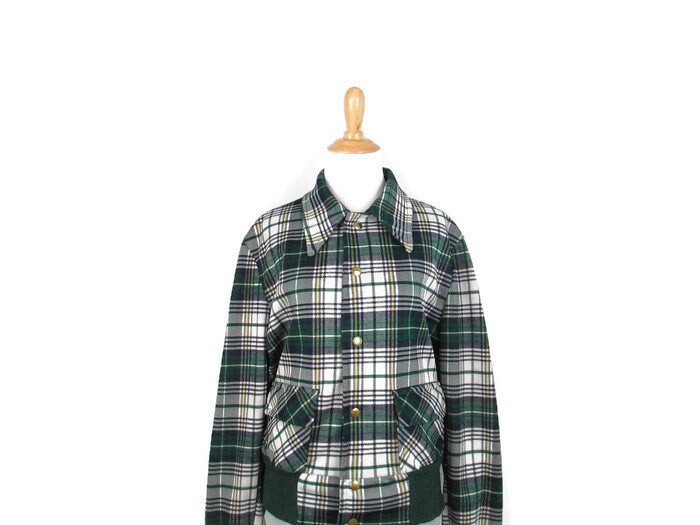 1970&#39;s Plaid Snap Front Jacket Vintage Women&#39;s Lightweight Green and Blue Tartan Plaid Jacket with Pockets Retro 70&#39;s Outerwear