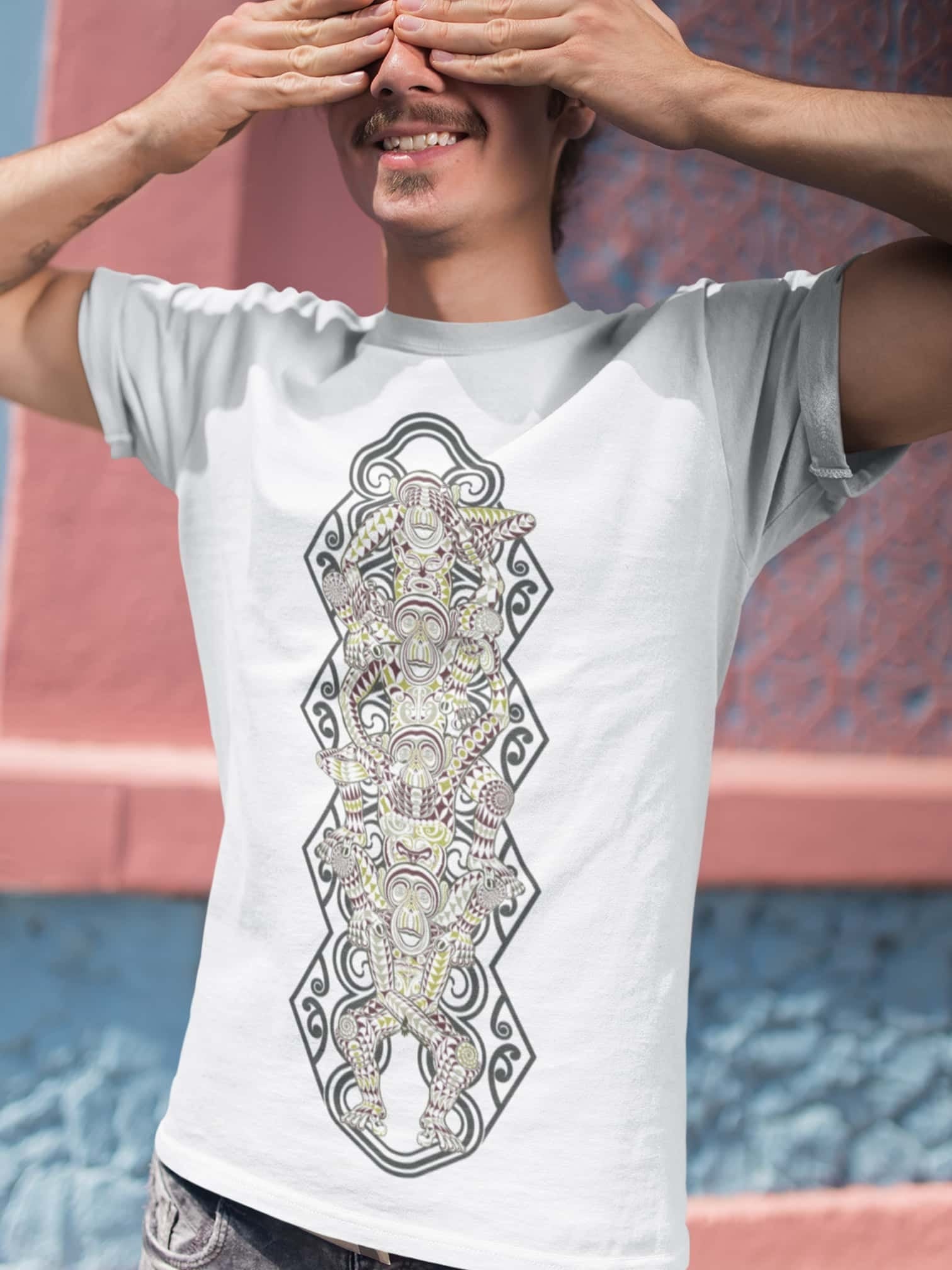 3 Wise Monkeys Shirt for Men   MONKEY 4 MONKEY White   Trippy Monkey Men Shirt, Tribal Spiritual Clothing, Yoga Wear, Sacred Geometry Tee