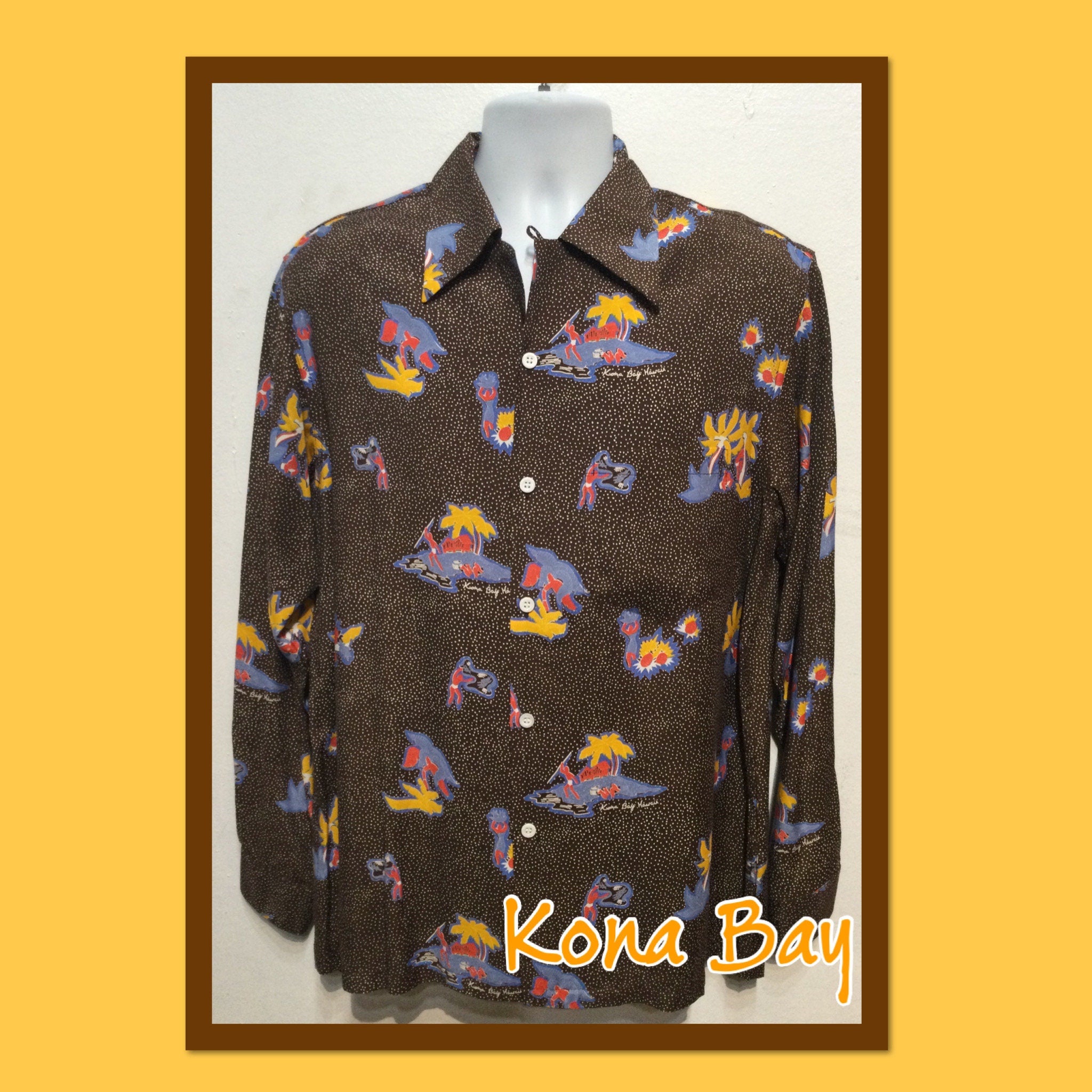 1940s vintage reproduction by “Kona Bay” rayon long sleeve Hawaiian shirt. Size large
