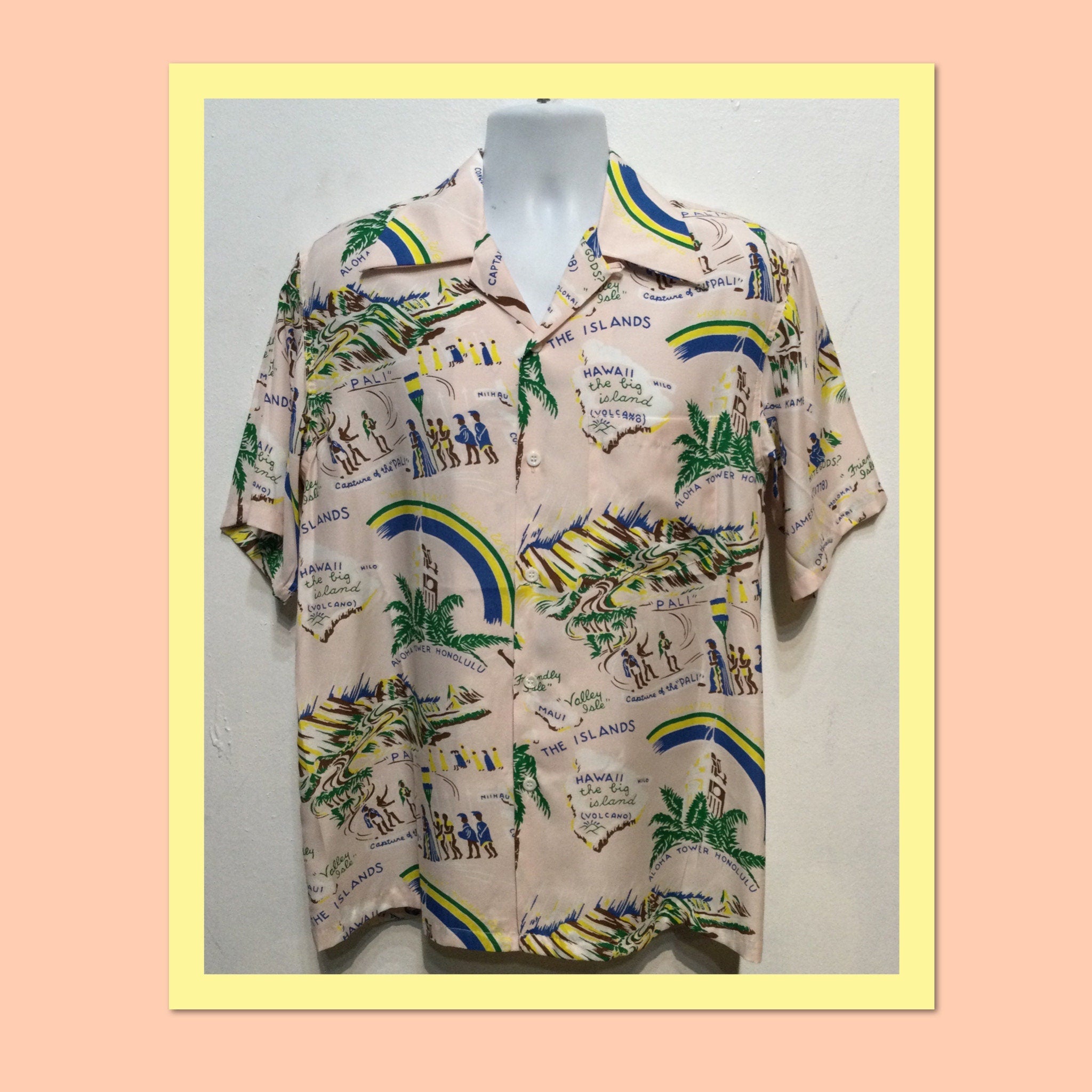 1940s vintage reproduction rayon &quot;Aloha Tower Honolulu&quot; Hawaiian shirt by Kona Bay. Size medium, large, X Large & XX Large