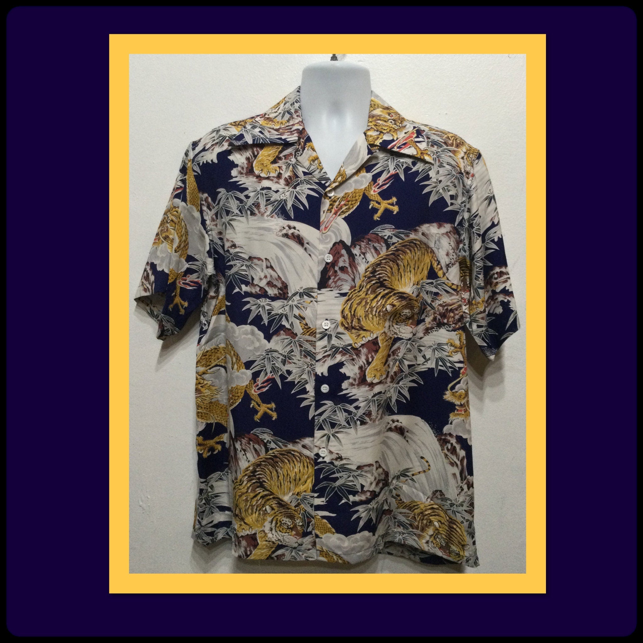 1940s vintage reproduction by “Kona Bay” rayon tiger/dragon print Hawaiian shirt.