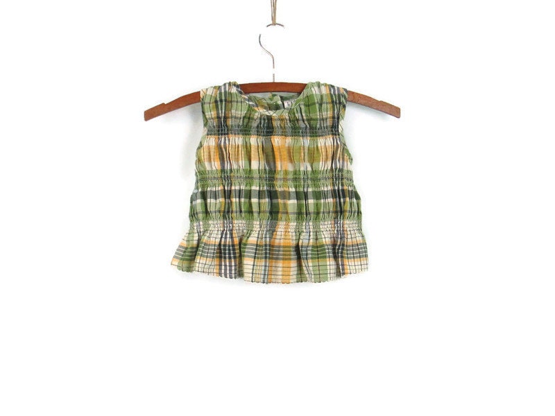 18 24 Months Baby Gap Sleeveless Plaid Shirt with Elastic Gathering Button 2000s Down Back Cotton Toddler Blouse