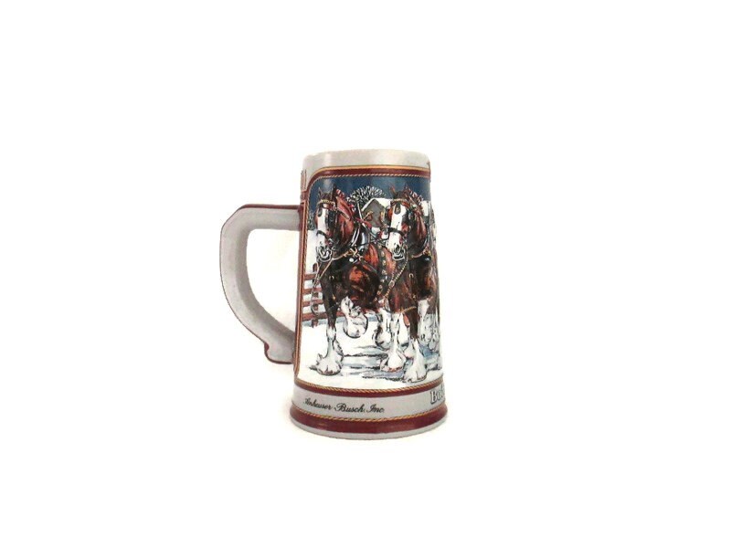 1989 Budweiser Clydesdale Horses Collectible Beer Stein Anheuser Busch Collector Series Winter Scene Large Mug