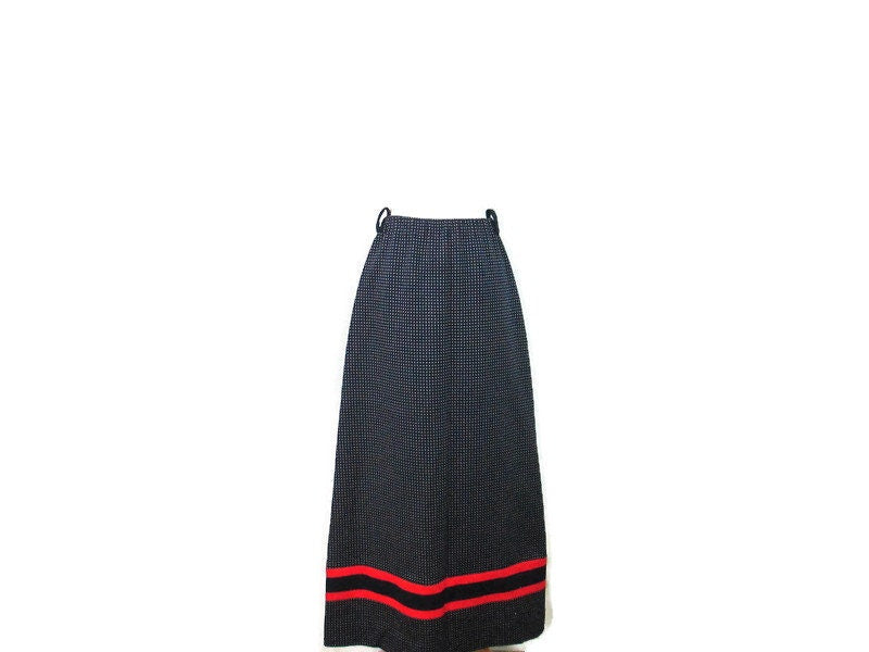 1970&#39;s Polyester Elastic Waist Size 12 Women&#39;s Maxi Skirt Vintage Navy Red White Long A Line Retro James Kenrob for Dalton Skirt