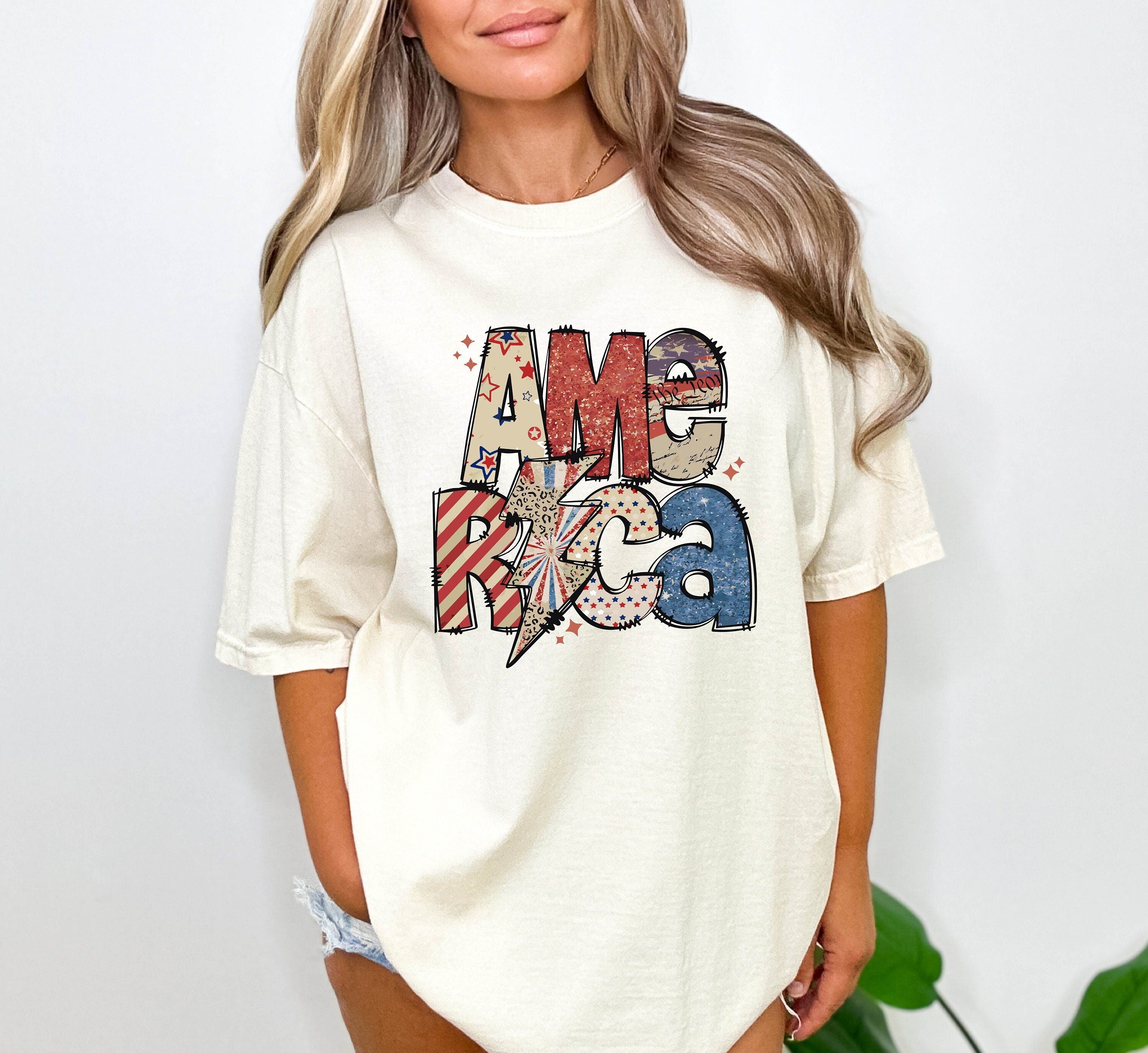 4th of July America Shirt, Independence Day T Shirt, Retro America Lightning Bolt Tee, Sparkly American Girl Shirt, July 4th