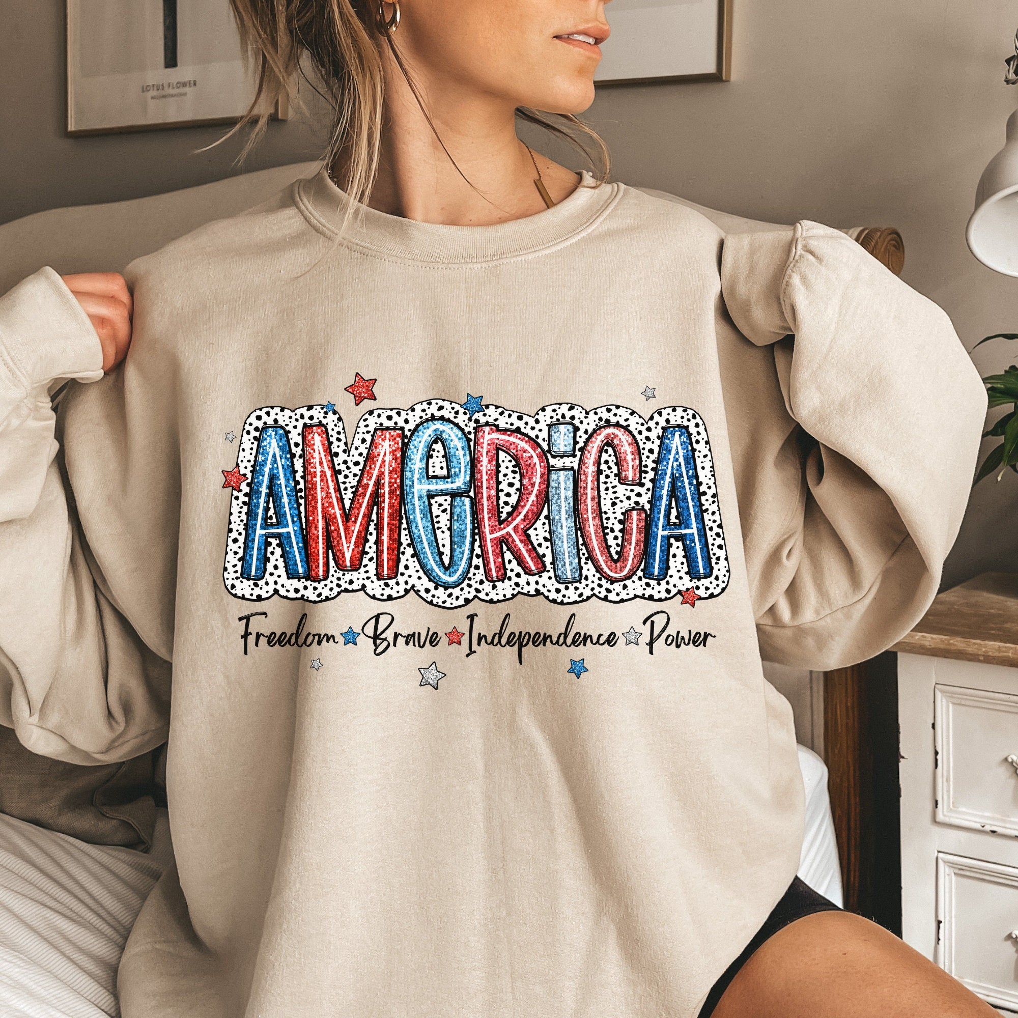 4th of July America DTF Print Transfer with Red White & Blue Font Ready to Press Heat Transfer For Patriotic Shirt Designs Direct to Film