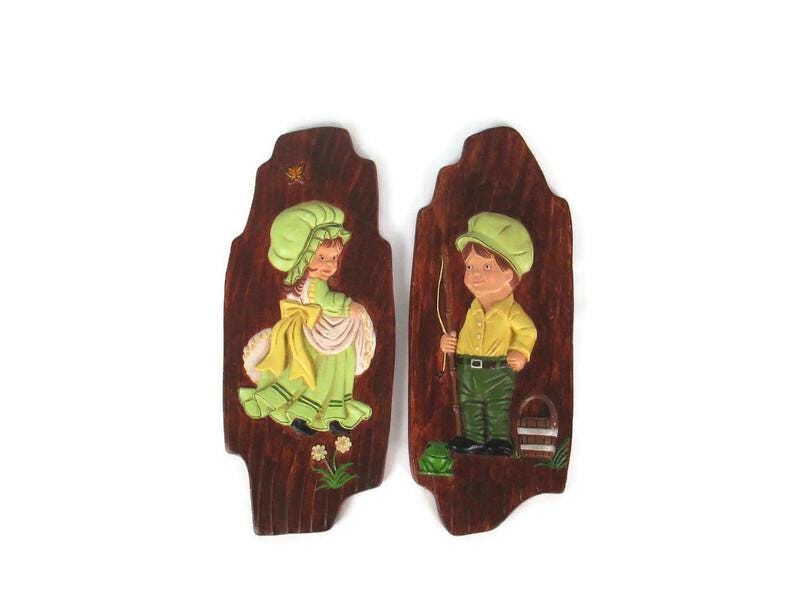 1970&#39;s Handmade Boy & Girl Wall Decor Set Nature Themed Ceramic Painted Wall Art