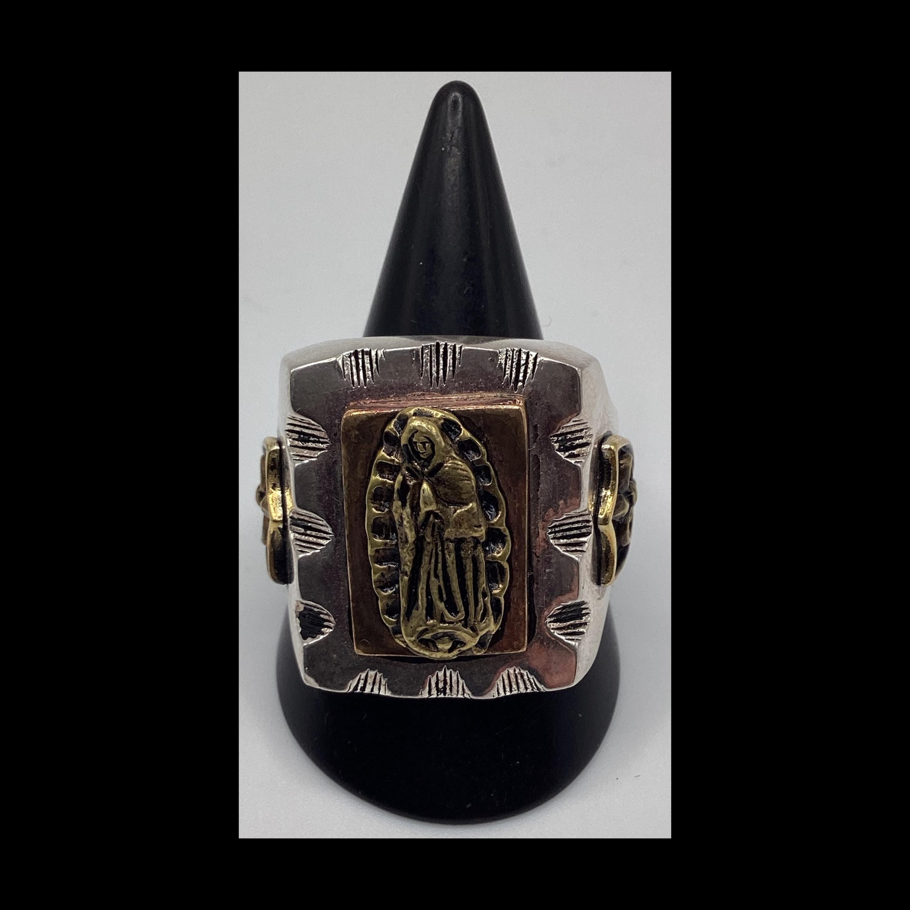 1940&#39;s/50&#39;s vintage inspired Mexican biker novelty square shape &quot;Our Lady of Guadalupe&quot; ring by SWS of London Jewelry.