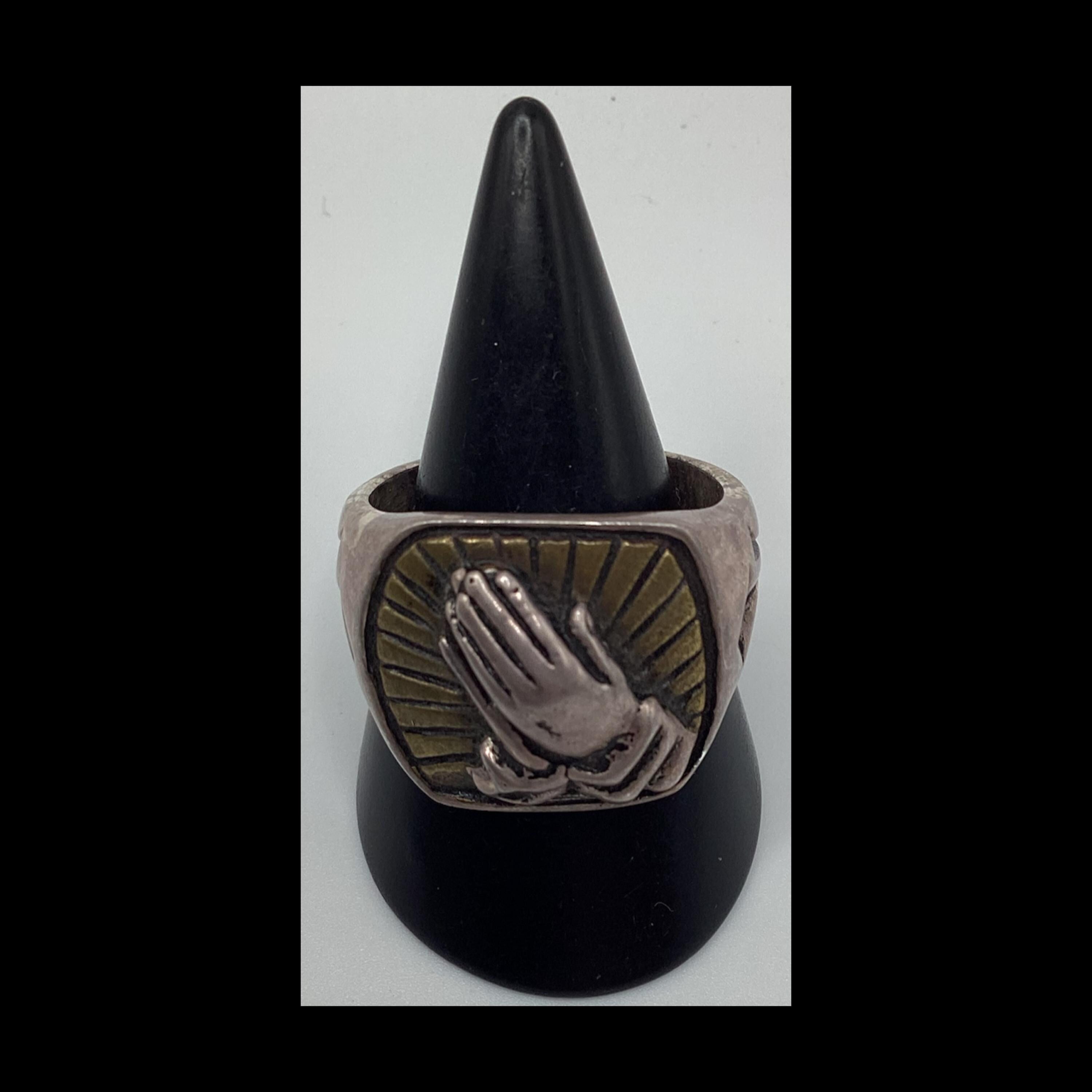 1940&#39;s/50&#39;s vintage inspired Mexican biker novelty square shape &quot;Praying Hands&quot; ring by SWS of London Jewelry.