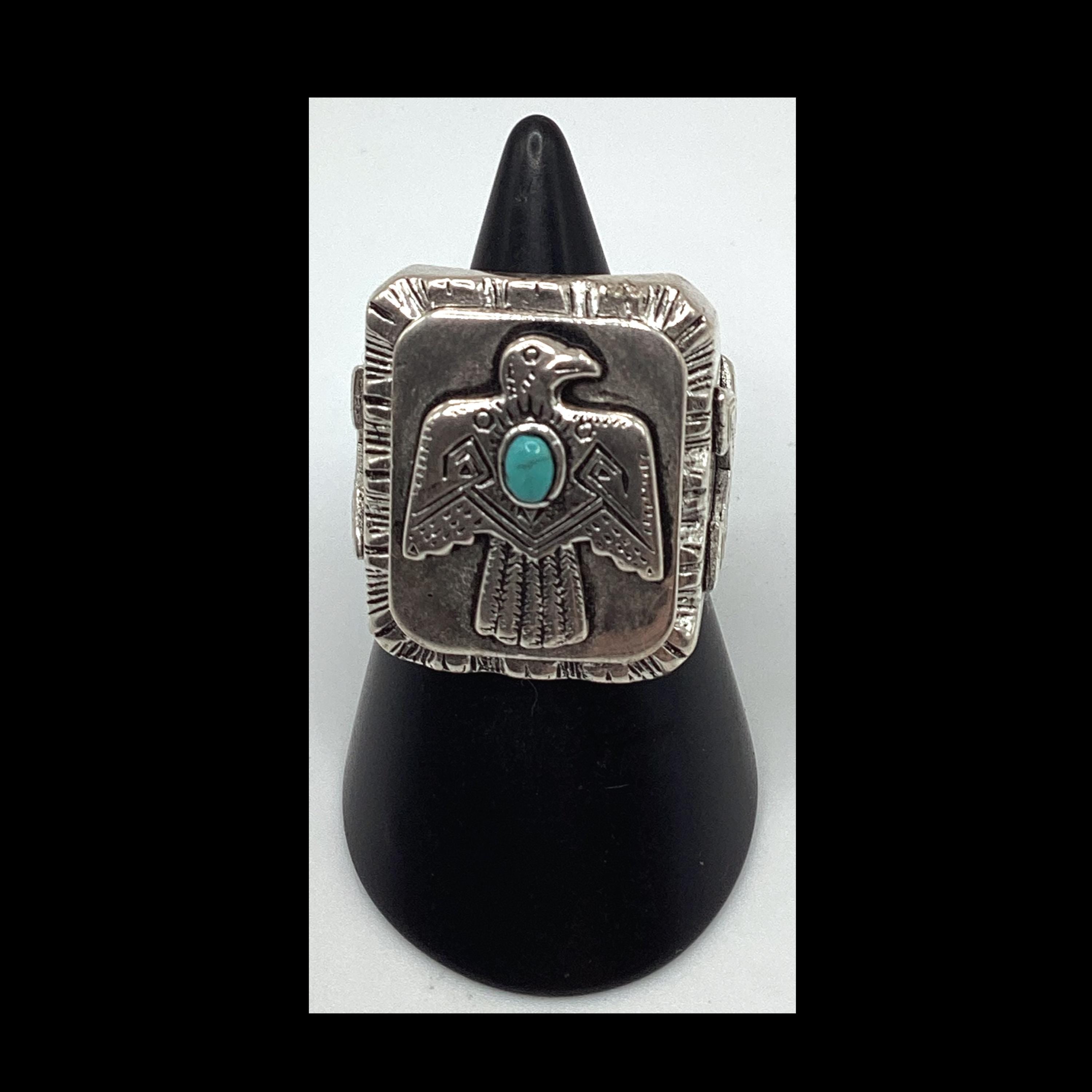 1940&#39;s/50&#39;s vintage inspired Mexican biker novelty silver and turquoise Native American &quot;Phoenix&quot; ring by SWS of London Jewelry.