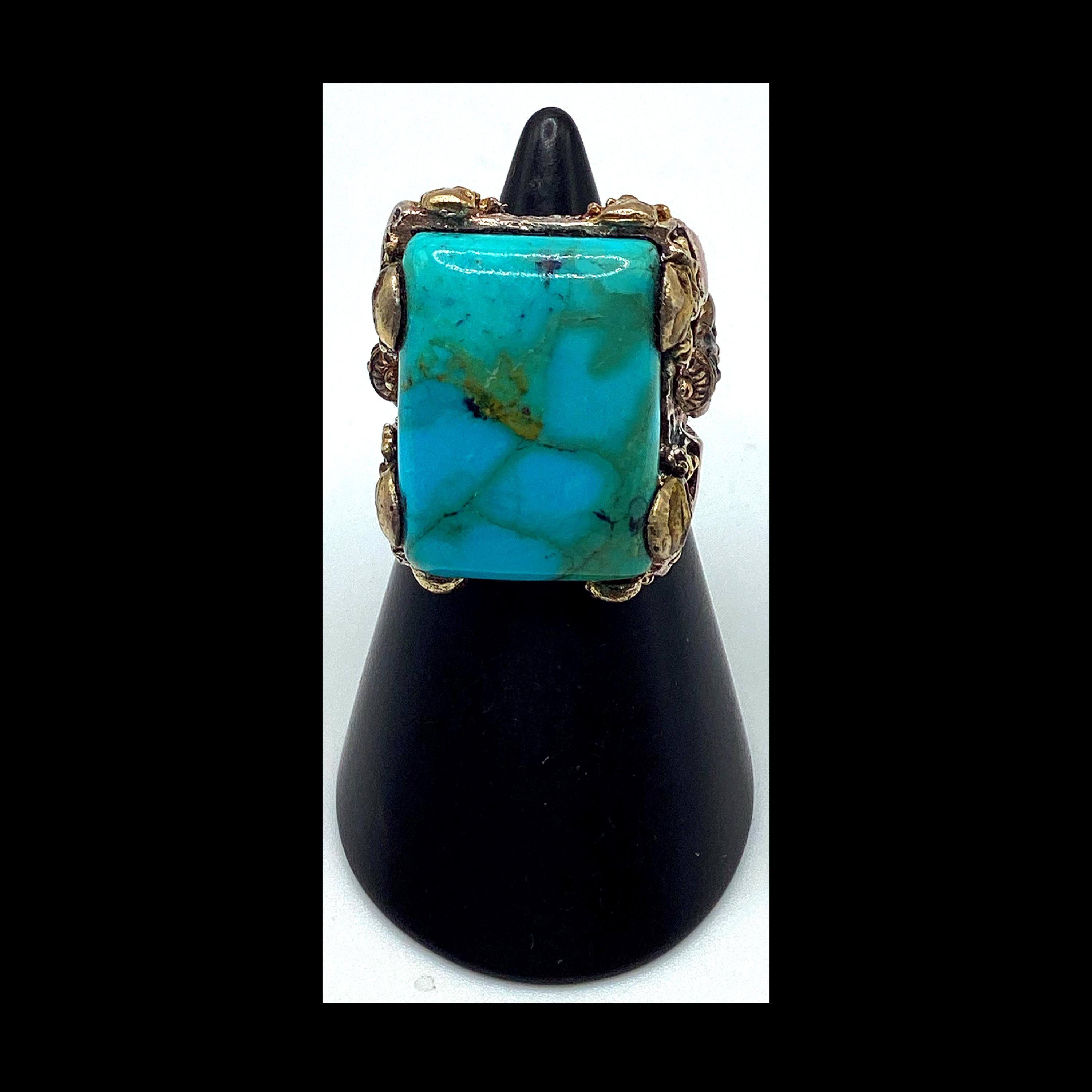 1940&#39;s/50&#39;s vintage inspired Mexican biker novelty silver, gold and turquoise Native American style ring by SWS of London Jewelry.