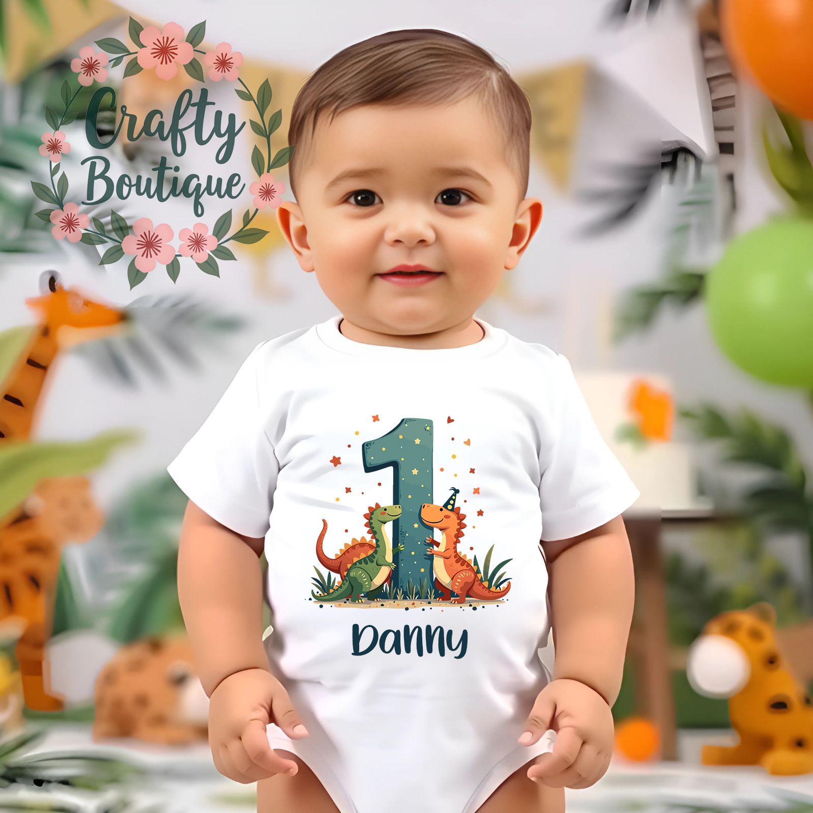 1st Birthday Dinosaur Vest Cake Smash Baby Grow Vest Tee Shirt Custom Name Personalised Gift Outfit First Birthday Top Wild Dino One   1085