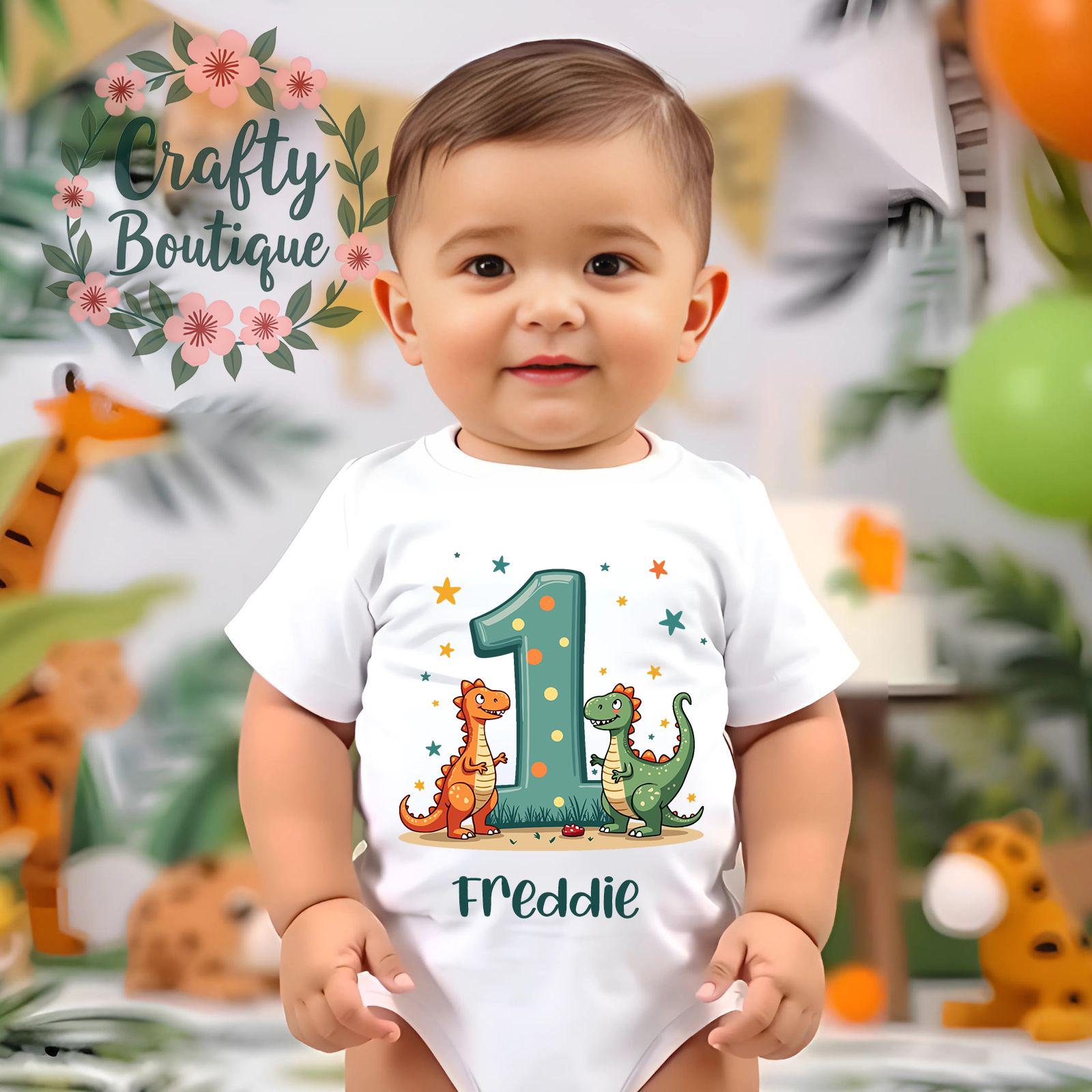 1st Birthday Dinosaur Vest Cake Smash Baby Grow Vest Tee Shirt Custom Name Personalised Gift Outfit First Birthday Top Wild Dino One   1087