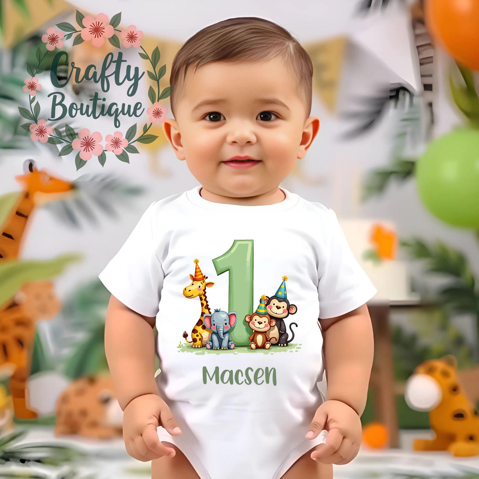 1st Birthday Jungle Animal Vest Cake Smash Baby Grow Tee Shirt Custom Name Personalised Gift Outfit First Birthday Top Wild Dino One   1086