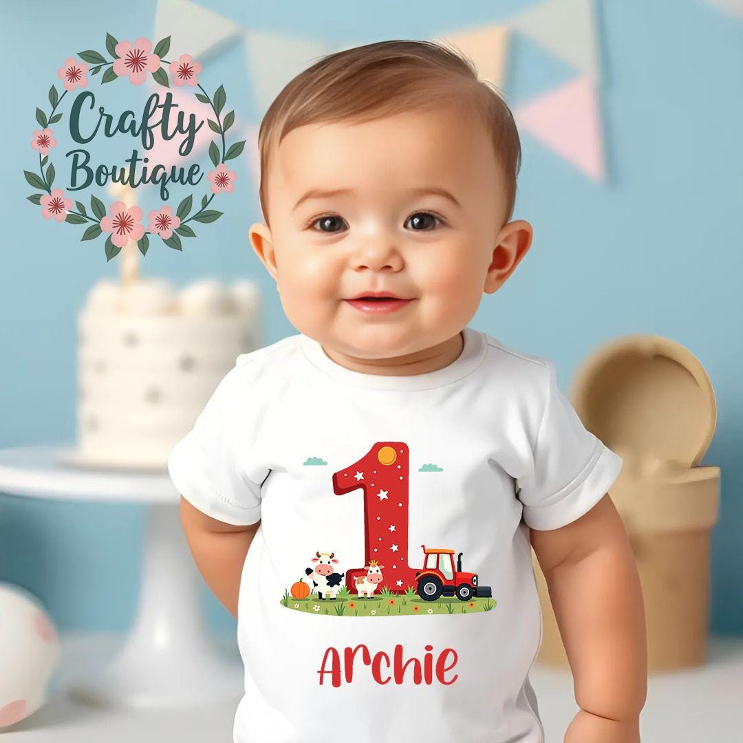 1st Birthday Cake Smash, Vest Baby Grow Baby Grow Tee Shirt Custom Name Gift Outfit First Birthday Wild One Tractor Farm Animal Theme   1095