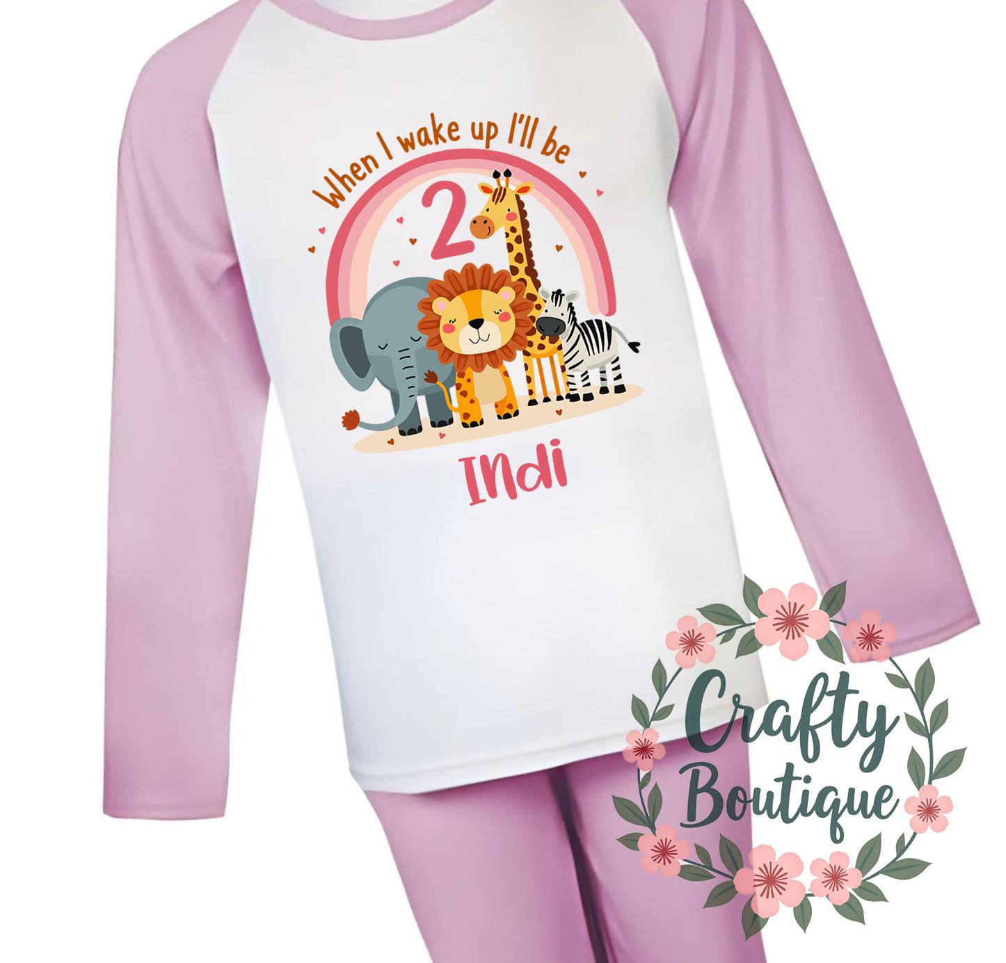 2nd Birthday Pjs, When I Wake Up I will be 2 Pajamas, Second Birthday Gift, Jungle Theme Gift, Personalised Pink Nightwear Age Two    1049
