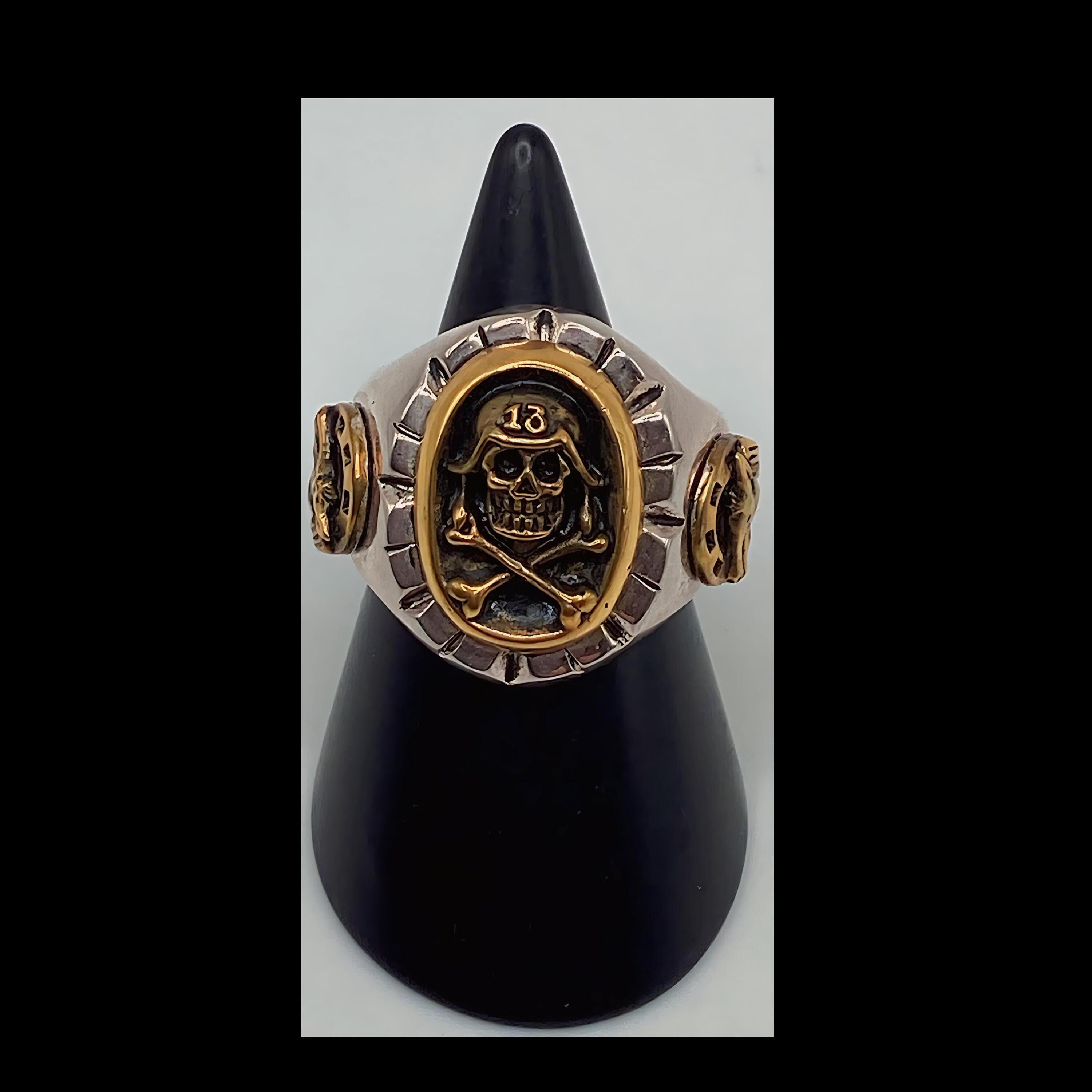 1940&#39;s/50&#39;s vintage inspired novelty round shape &quot;Lucky 13 Skull and Crossbones&quot; design ring by SWS of London Jewelry.