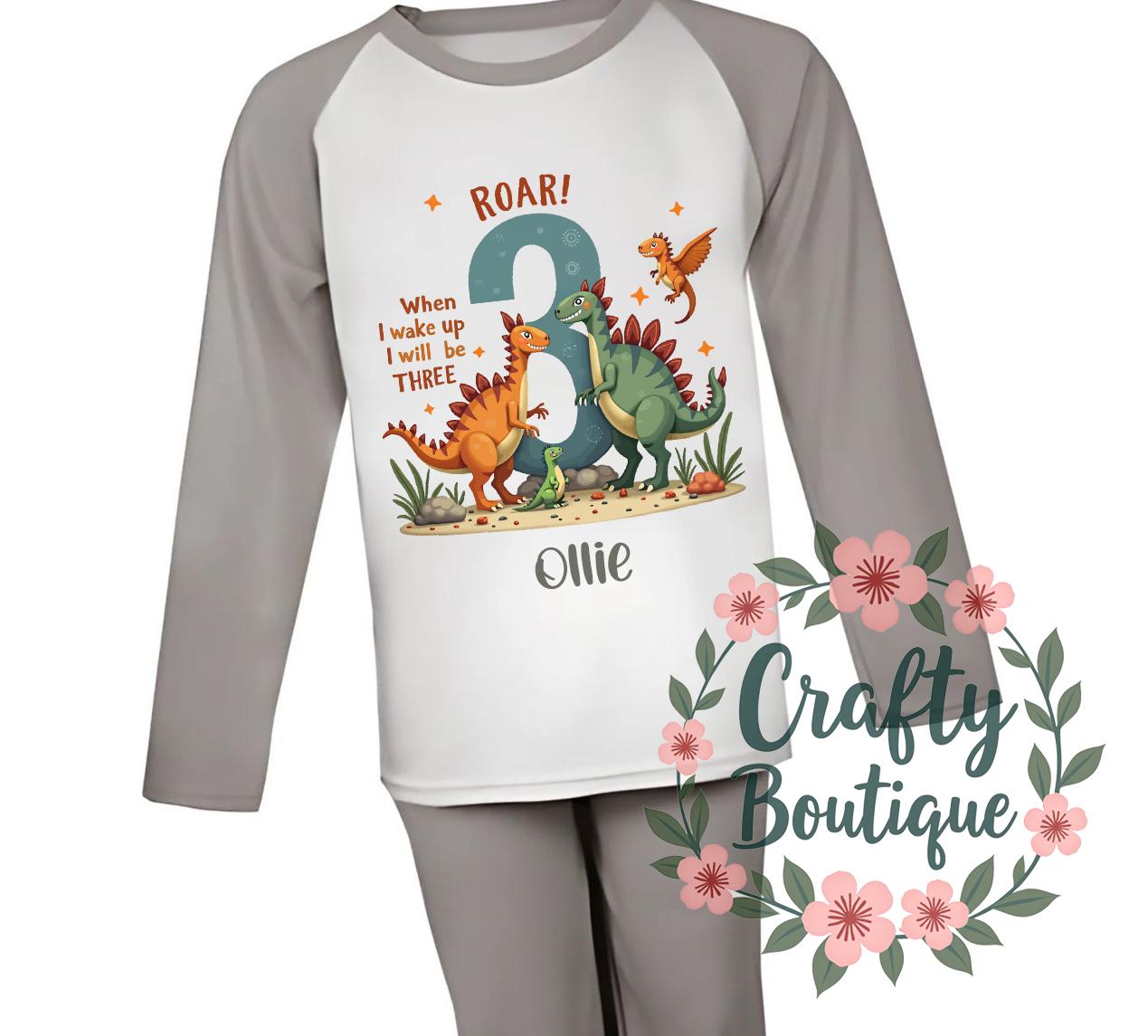 3rd Birthday PJs, When I Wake Up I Will Be Three, Dinosaur Pajamas, Third Birthday Gift, Personalised Name Nightwear Dino Theme Roar   1055