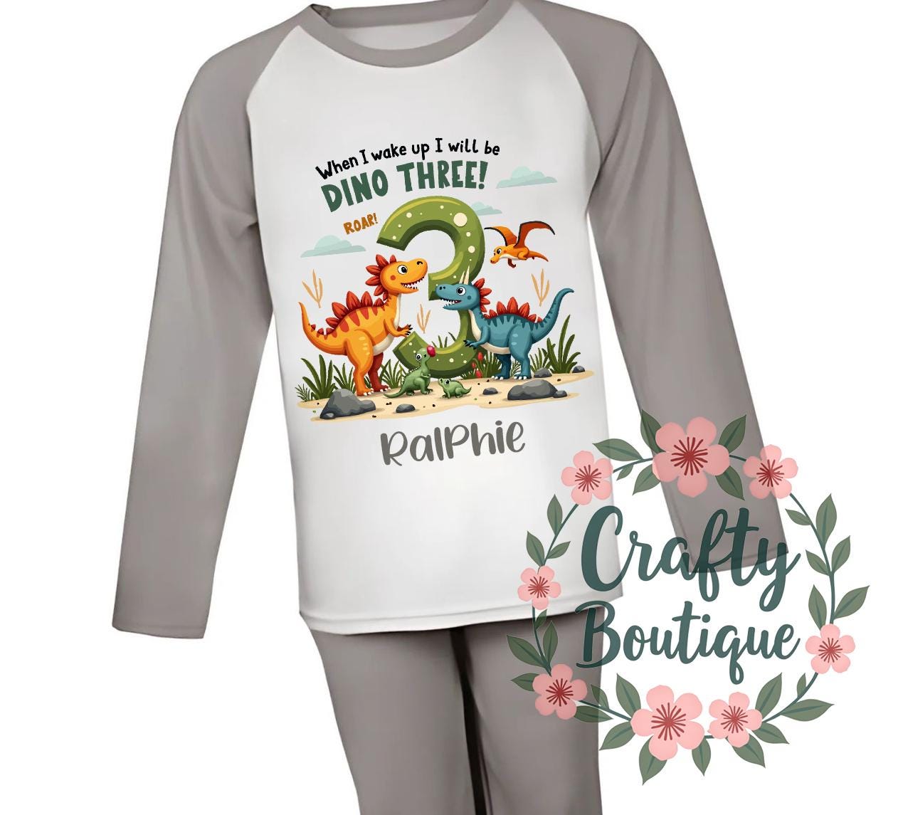 3rd Birthday PJs, When I Wake Up I Will Be Three, Dinosaur Pajamas, Third Birthday Gift, Personalised Name Nightwear Dino Theme Roar   1056