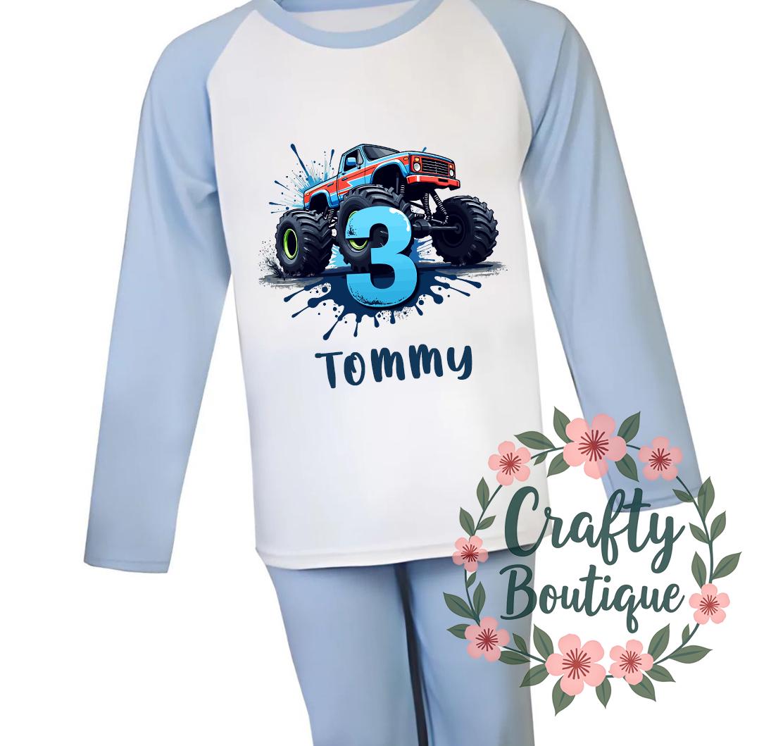 3rd Birthday PJs, Monster Truck Pajamas, Third Birthday Gift, Personalised Name Nightwear Car Theme Wheels Car Lover Turning Three   1126