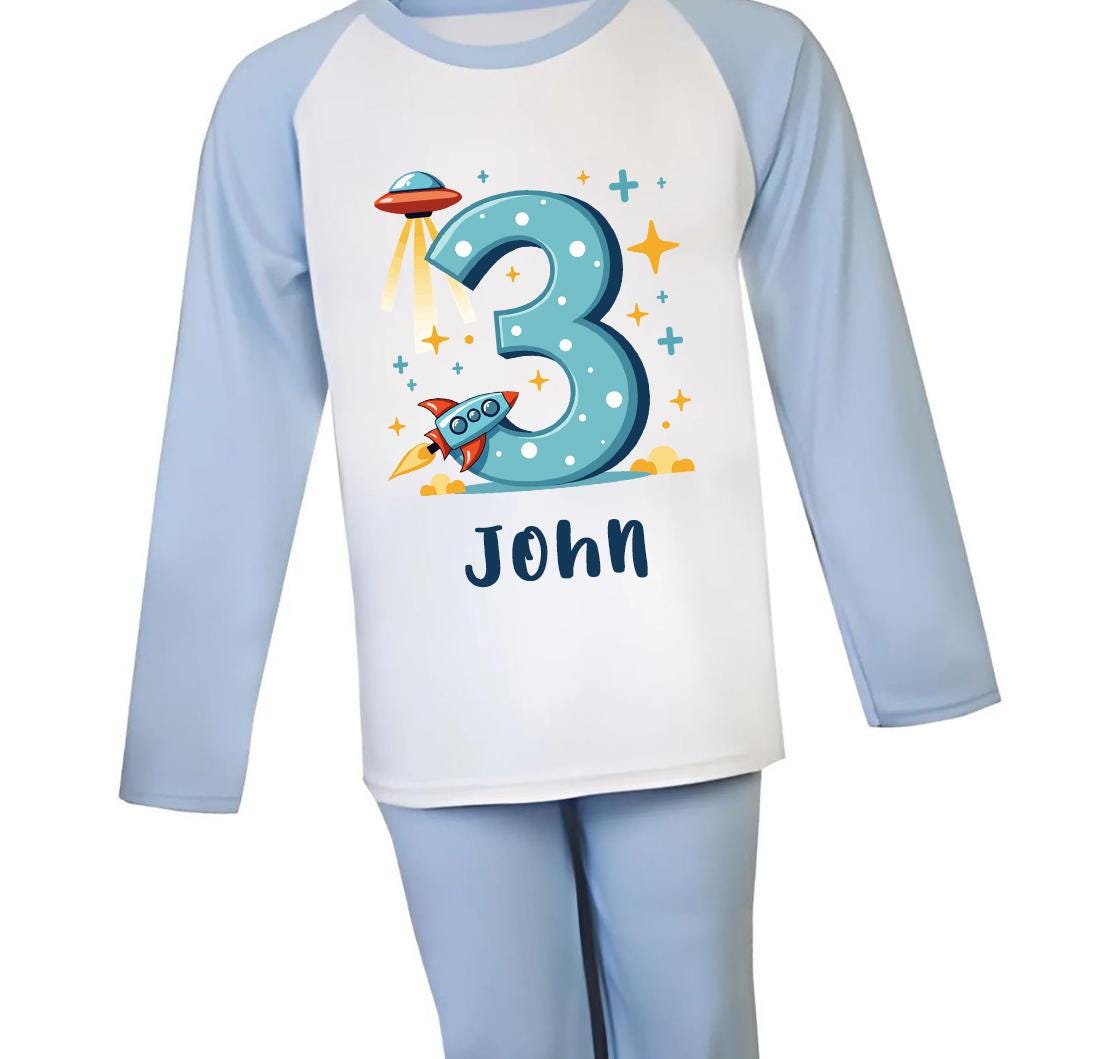 3rd Birthday PJs, Space Rocket Pajamas, Third Birthday Gift, Personalised Name Nightwear Moon UFO Theme Stars Turning Three   1114