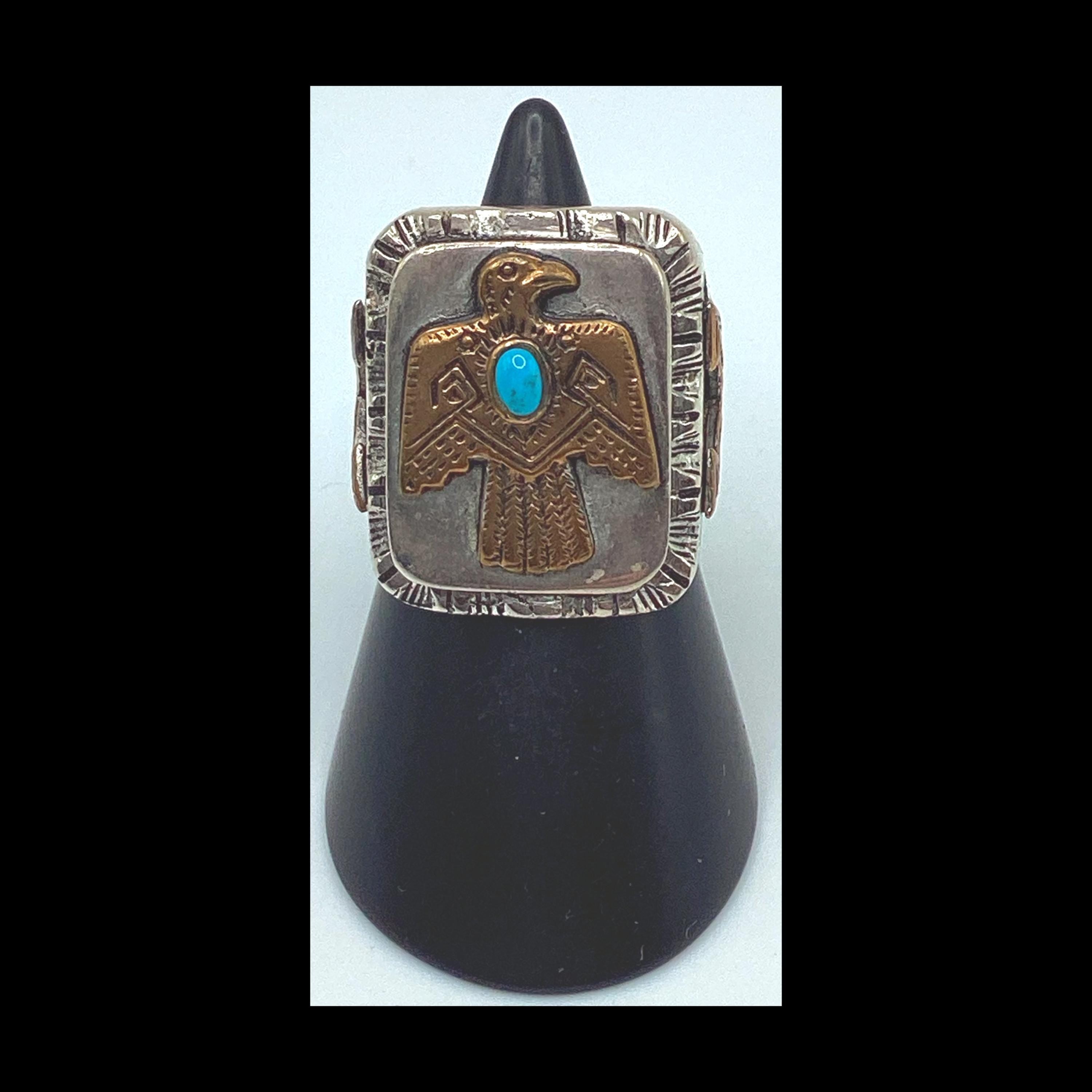 1940&#39;s/50&#39;s vintage inspired Mexican biker novelty silver, cooper and turquoise Native American &quot;Thunderbird&quot; ring by SWS of London Jewelry.