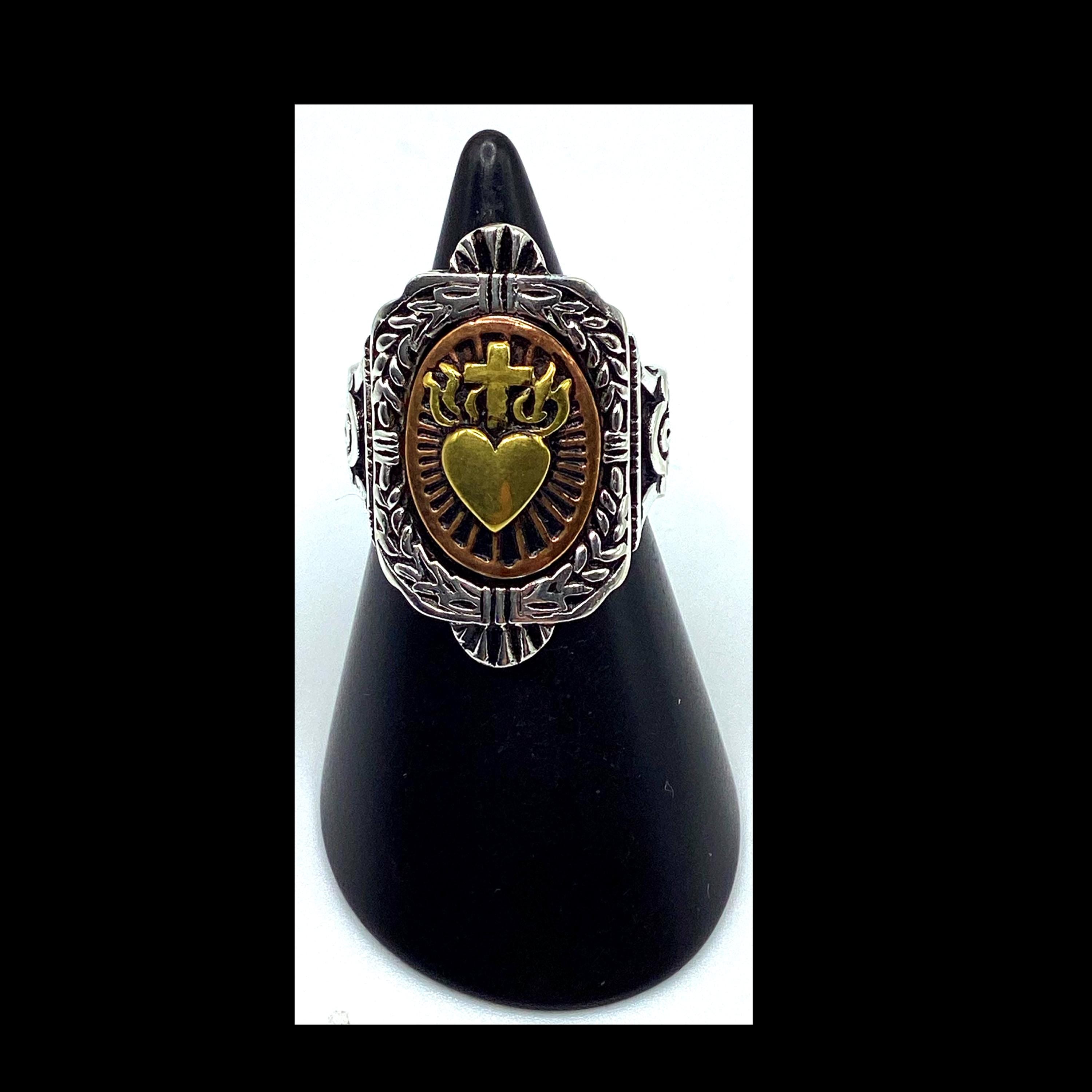 1940&#39;s/50&#39;s vintage inspired Mexican biker novelty silver, cooper and gold &quot;Sacred Heart&quot; ring by SWS of London Jewelry