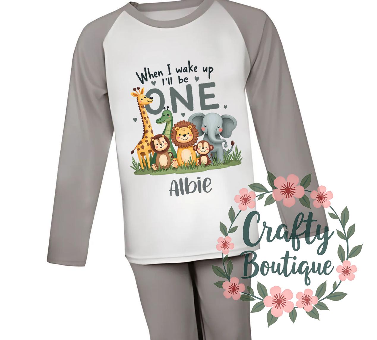 1st Birthday PJs, When I Wake Up I Will Be One Pajamas Sleep Suit Baby Grow First Birthday Pyjamas Nightwear Gift Cute Jungle Animals   1027