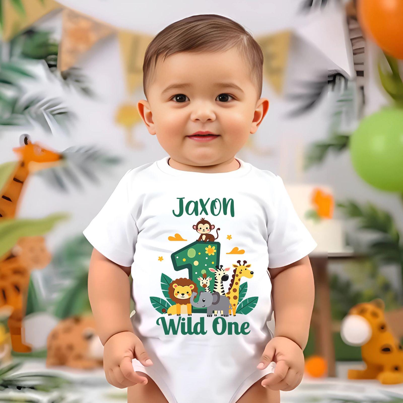 1st Birthday Vest,  Cake Smash Outfit,  Wild One Tee Shirt,  Custom Name Top, Baby Personalised Gift, First Birthday Jungle Party   1008