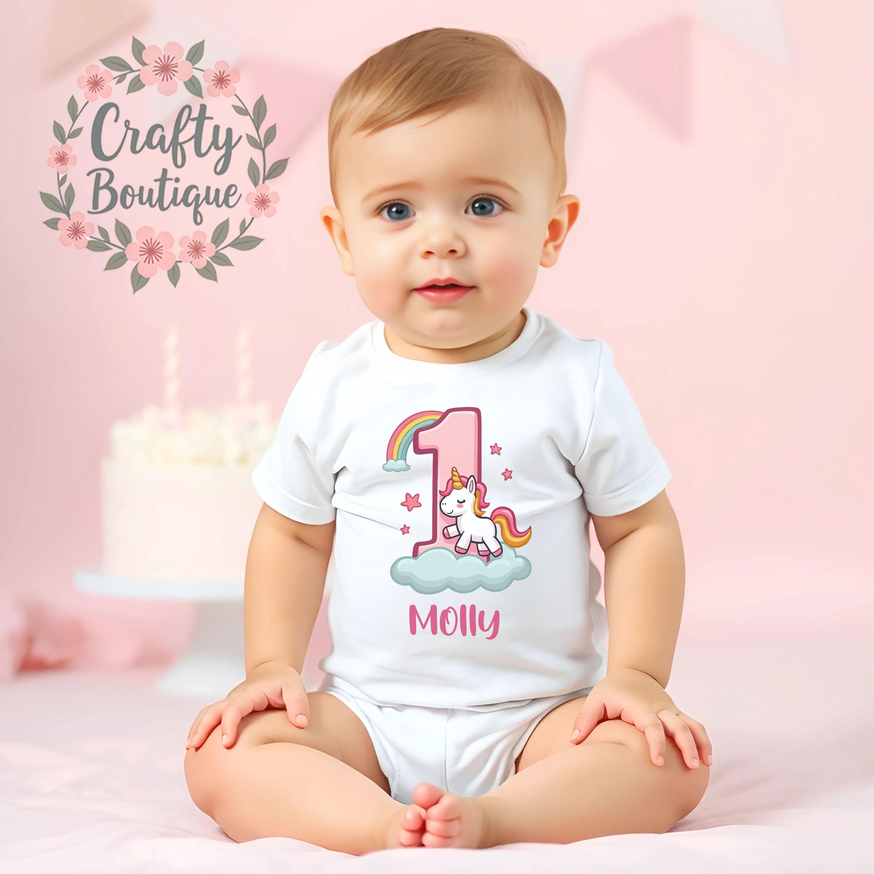 1st Birthday Girls Unicorn Pink Theme Cake Smash Baby Grow Vest One Tee Shirt Custom Name Personalised Gift Outfit First Birthday Top   1005