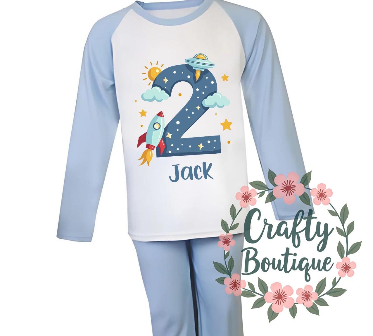 2nd Birthday PJs, Boys Second Birthday Pyjamas, Nightwear Gift Ideas, Cute Rocket Space, Blue Personalised Name Number 2 Outfit     1051
