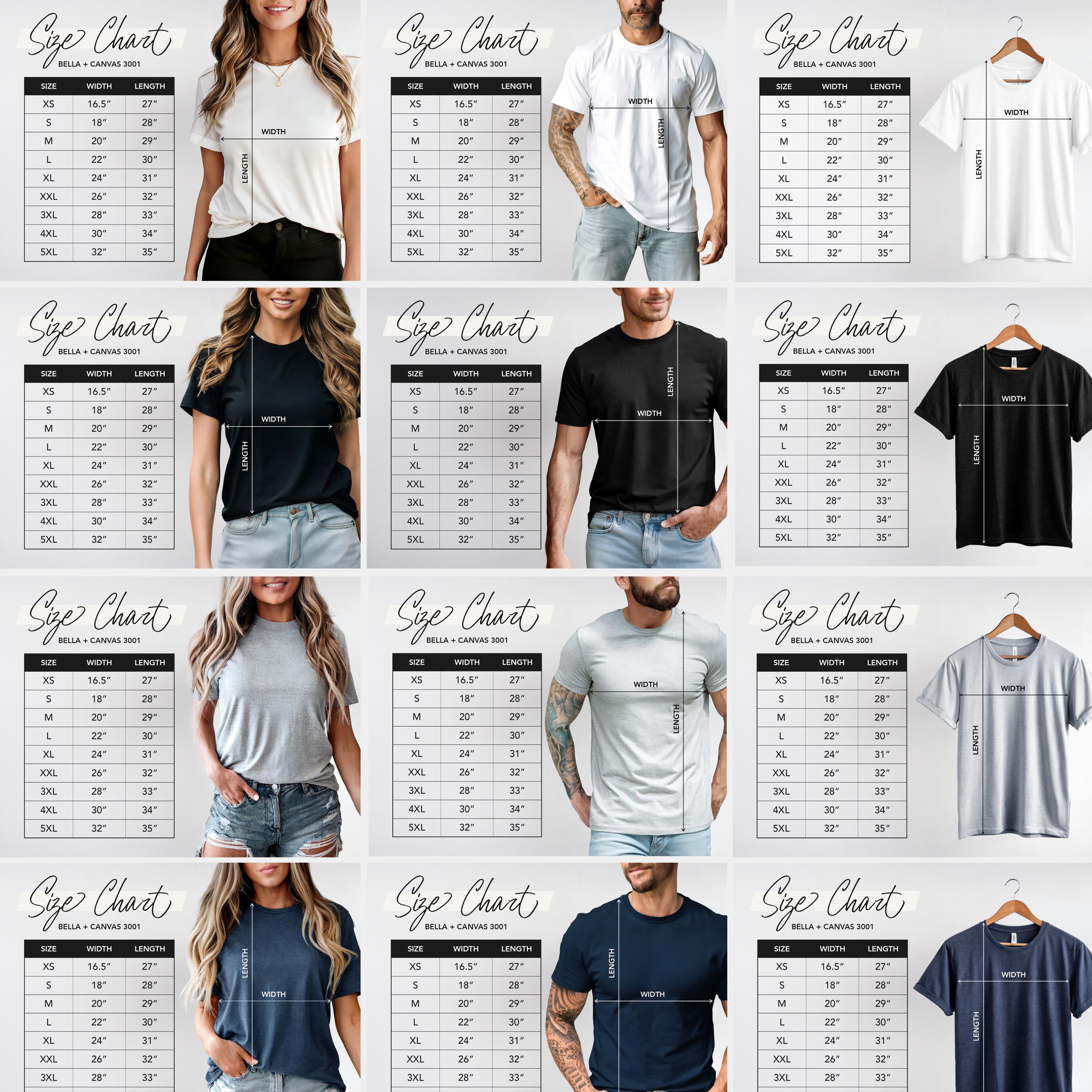 12+ Bella Canvas 3001 Size Chart Bundle, Shirt Sizing Chart Bella Canvas 3001 Bundle, Jersey T Shirt Measurement Chart, Size Chart Bundle