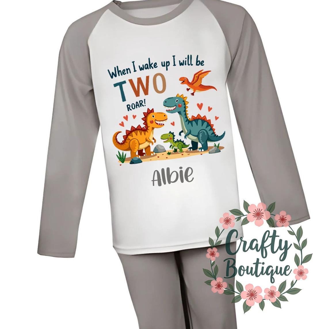 2nd Birthday PJs, When I Wake Up I Will Be Two, Dinosaur Pajamas, Second Birthday Gift, Personalised Name Nightwear Dino Theme Roar   1112