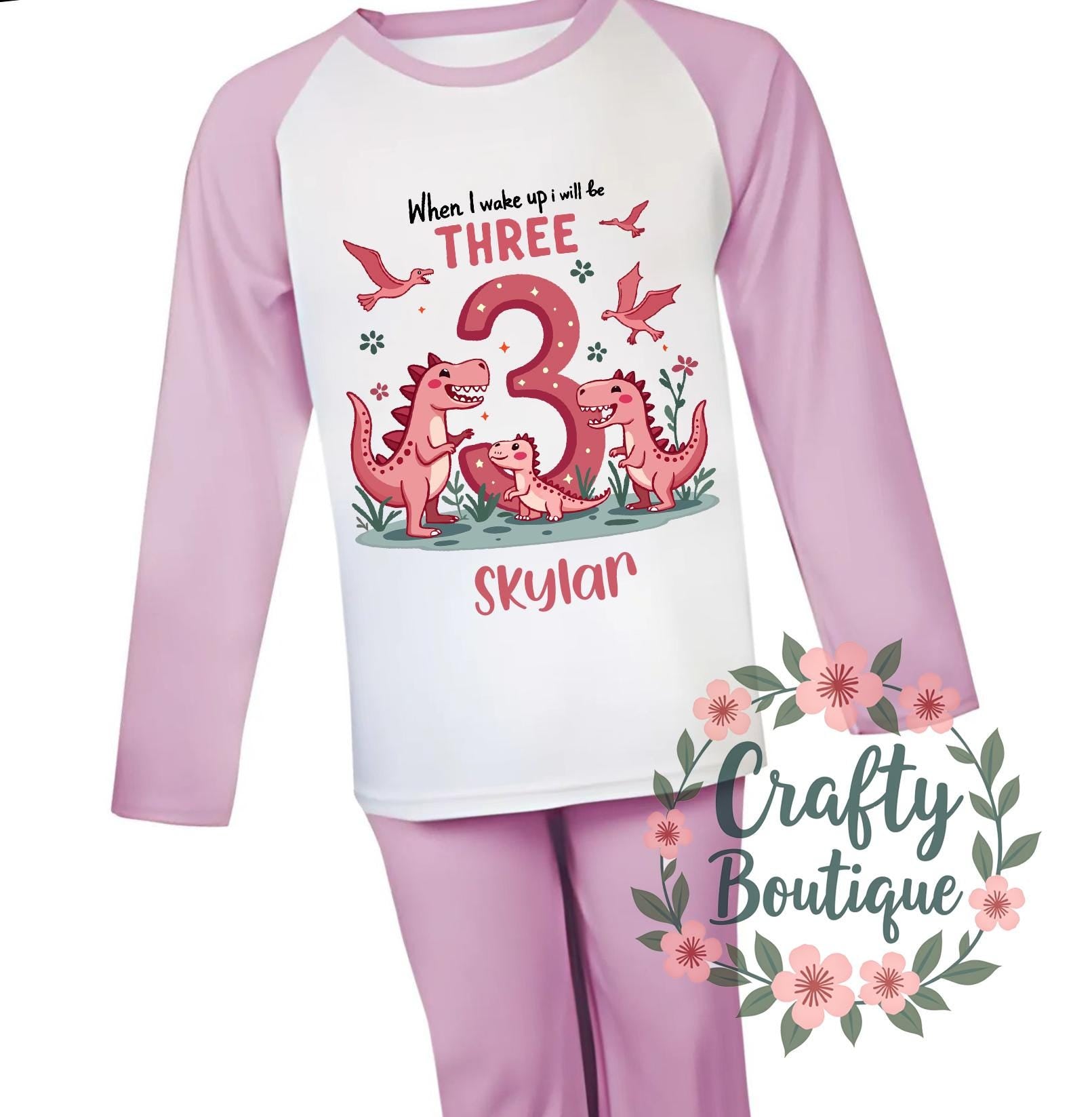 3rd Birthday Dinosaur Pajamas, When I Wake Up I Will Be Three PJs, Third Birthday Gift, Personalised Name Nightwear Dino Theme Roar   1058