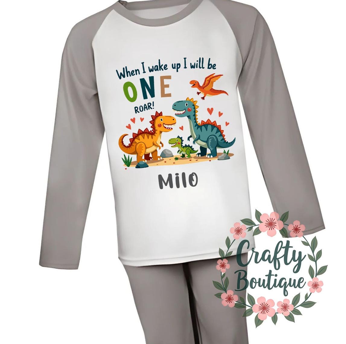 1st Birthday PJs, When I Wake Up I Will Be One, Dinosaur Pajamas, First Birthday Gift, Personalised Name Nightwear Dino Theme Roar   1123