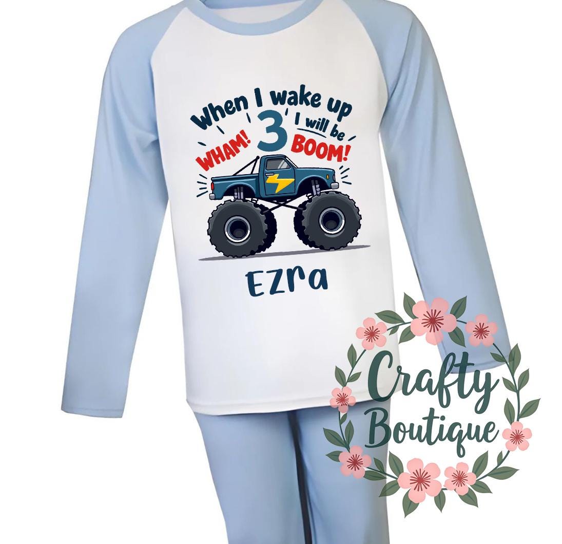 3rd Birthday PJs, Monster Truck Pajamas, Third Birthday Gift, Personalised Name Nightwear Car Theme Wheels Car Lover Turning Three   1121