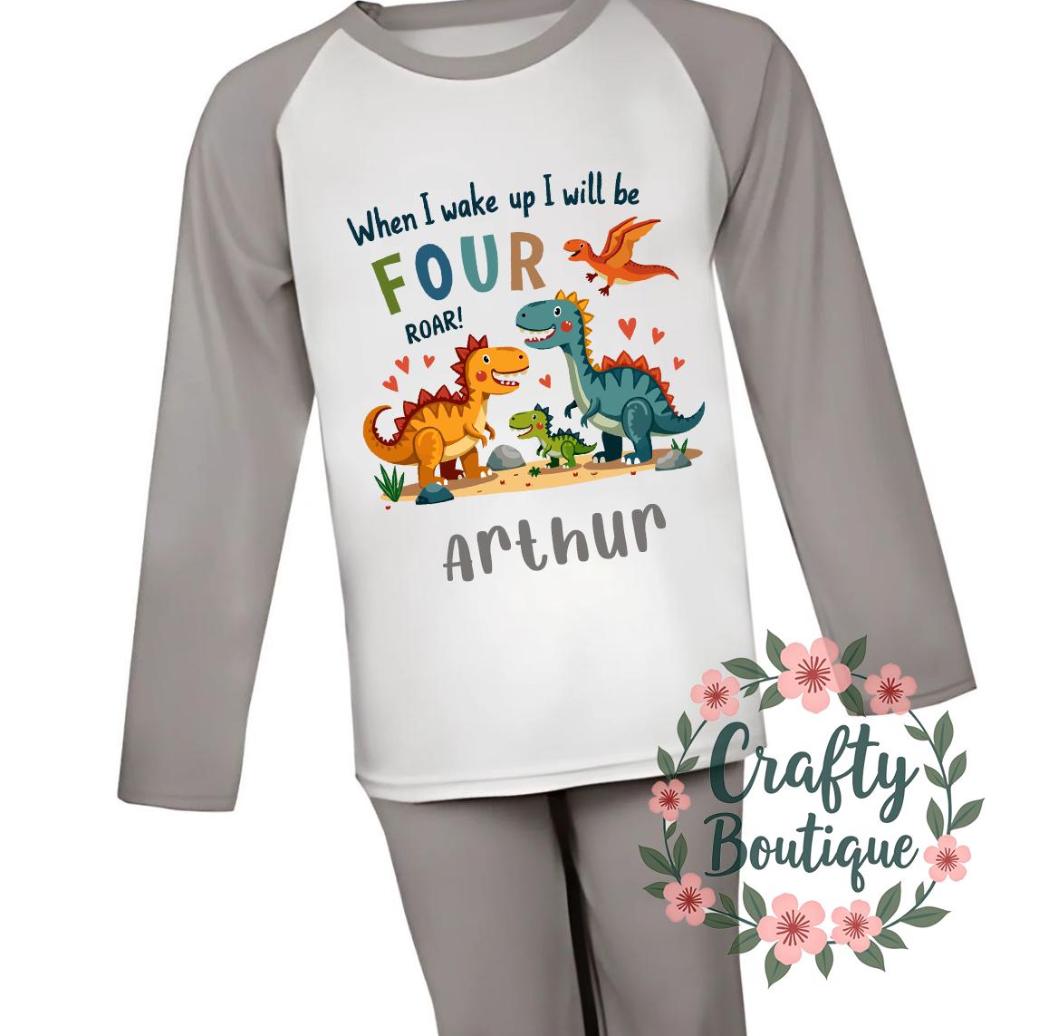 4th Birthday PJs, When I Wake Up I Will Be Four, Dinosaur Pajamas, Fourth Birthday Gift, Personalised Name Nightwear Dino Theme Roar   1122