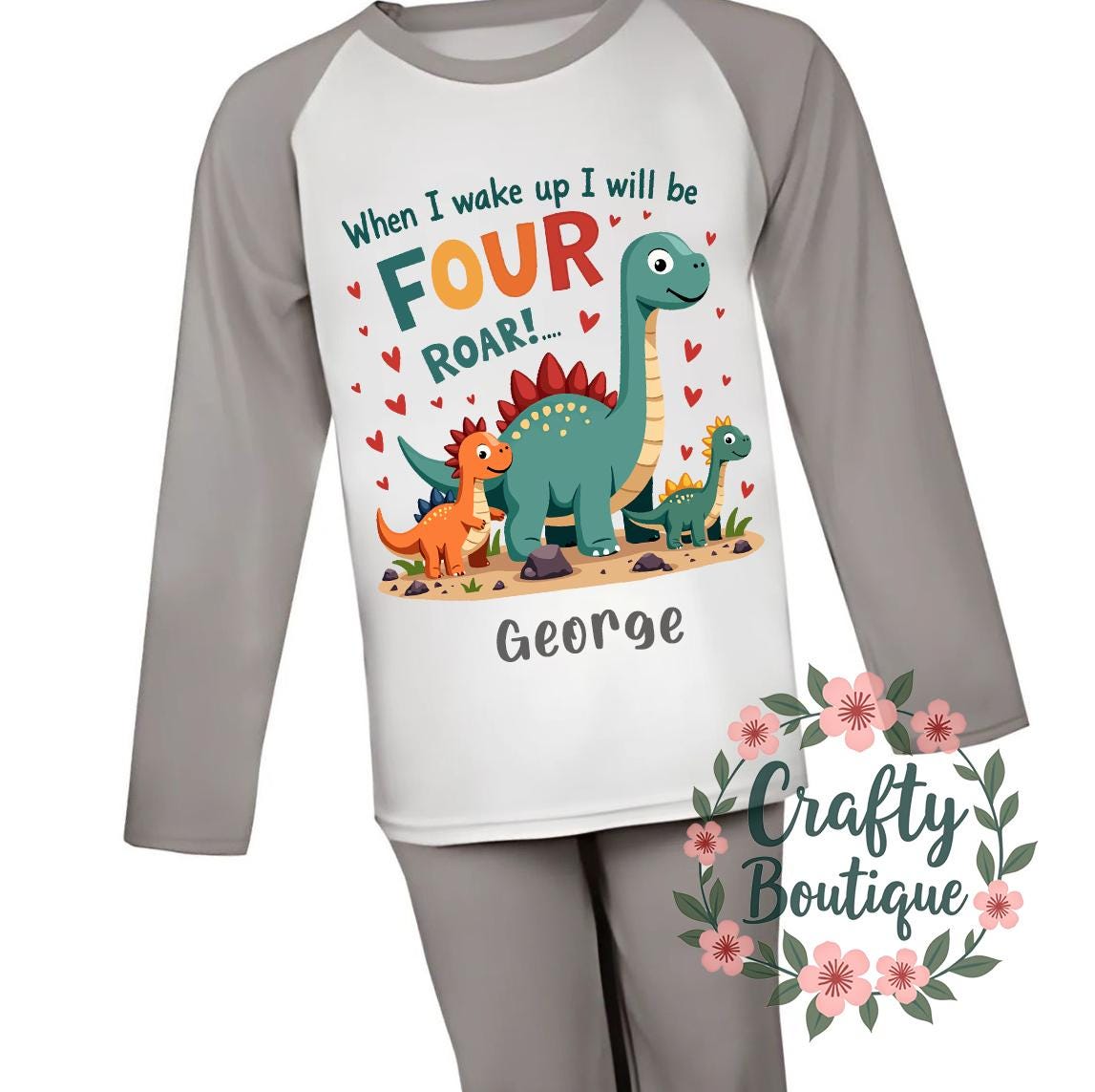 4th Birthday PJs, When I Wake Up I Will Be Four, Dinosaur Pajamas, Fourth Birthday Gift, Personalised Name Nightwear Dino Theme Roar   1138