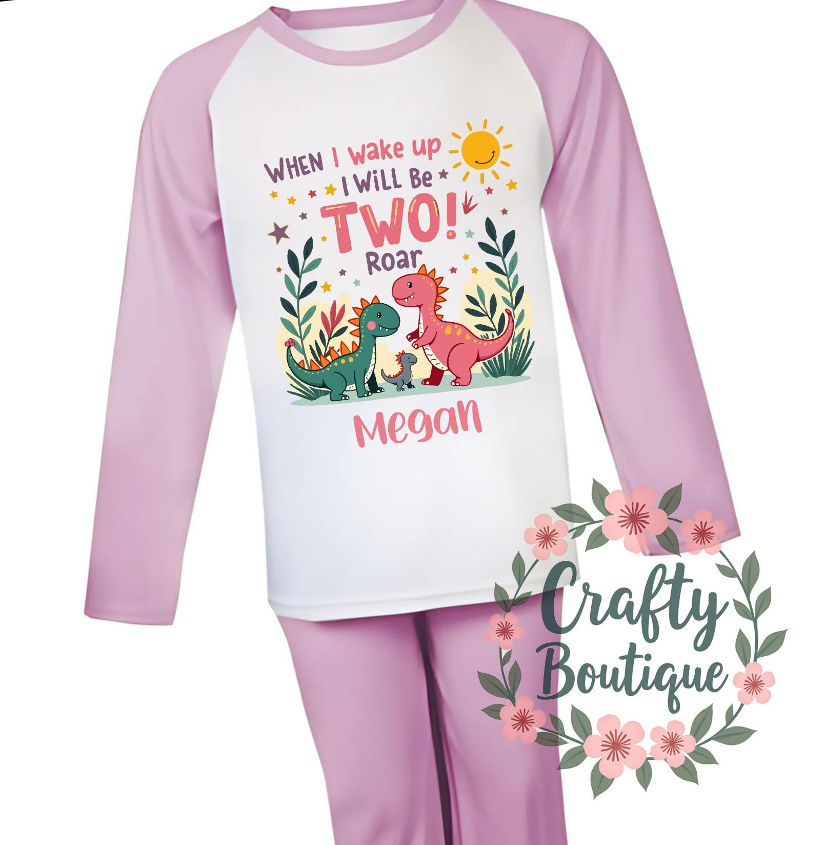 2nd Birthday PJs, When I Wake Up I will be 2 Pajamas, Girl&#39;s Second Birthday, Dinosaur Gift, Personalised Pink Nightwear Age Two Year   1227