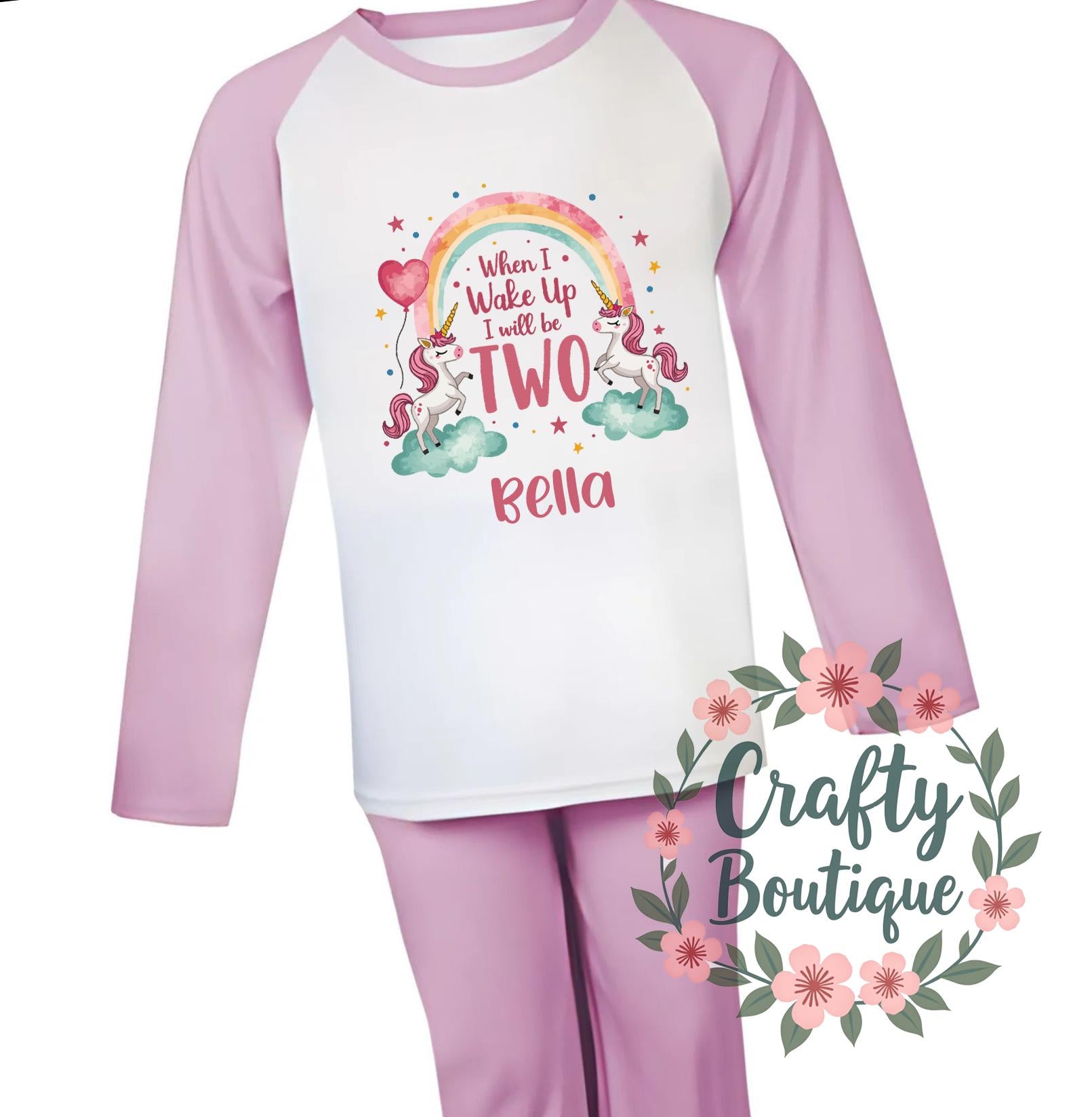 2nd Birthday PJs, When I Wake Up I will be 2 Pajamas, Girl&#39;s Second Birthday, Unicorn Gift, Personalised Pink Nightwear Age Two Year   1284