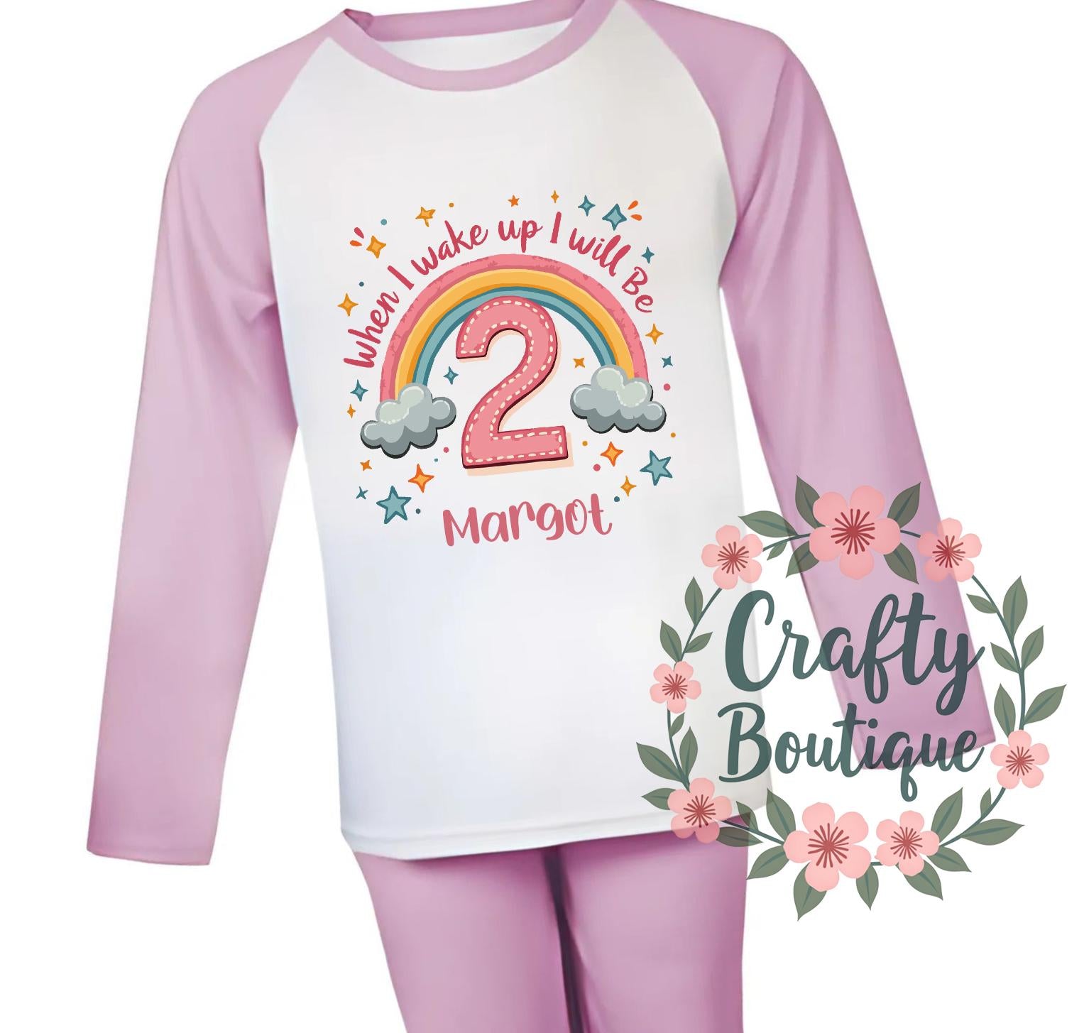 2nd Birthday PJs, When I Wake Up I will be 2 Pajamas, Girl&#39;s Second Birthday, Unicorn Gift, Personalised Pink Nightwear Age Two Year   1275