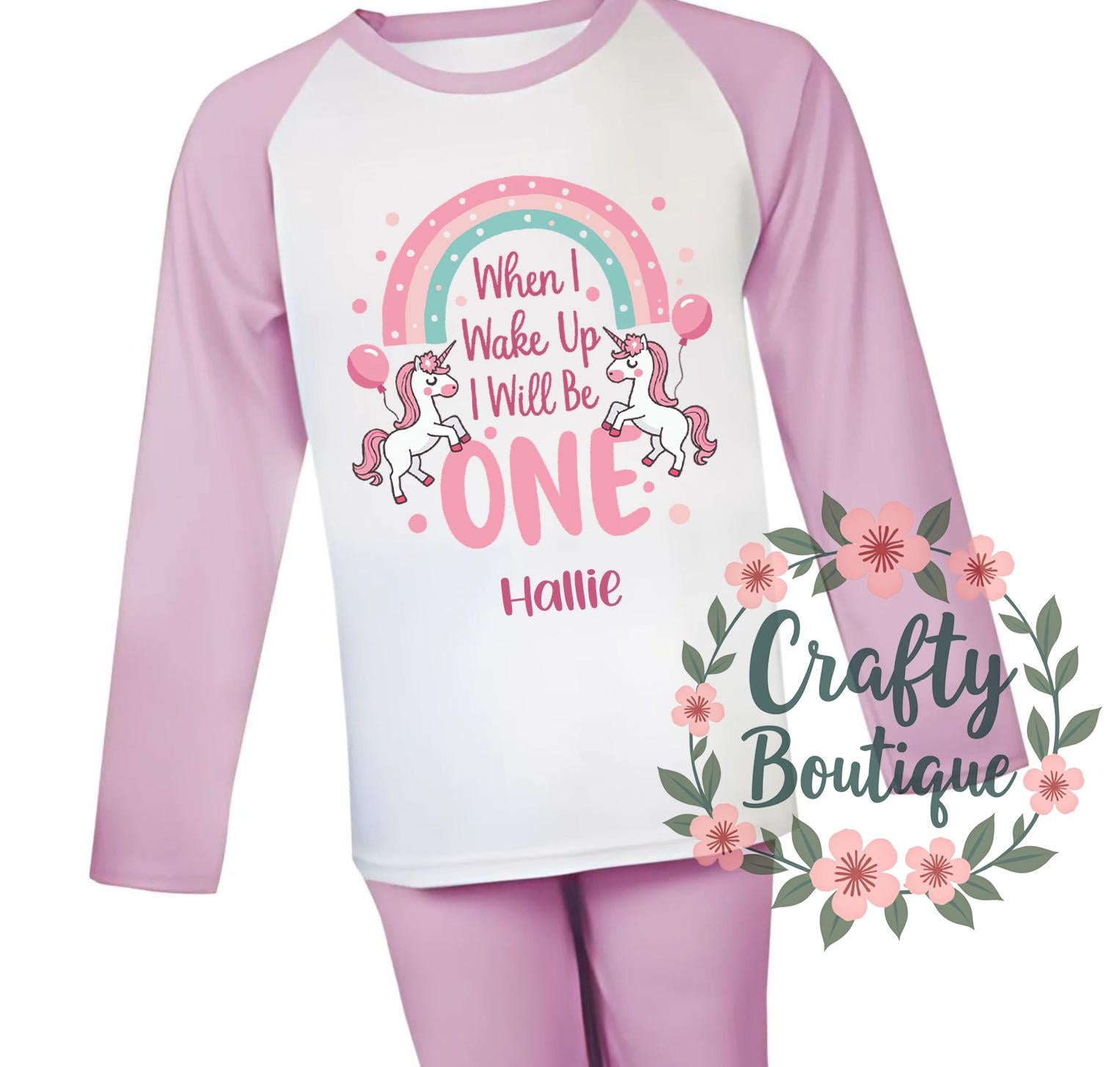 1st Birthday PJs, When I Wake Up I Will Be One, First Birthday Pajamas, Baby Sleep Suit, Girls Birthday Gift, Cute Unicorn Pyjamas   1280