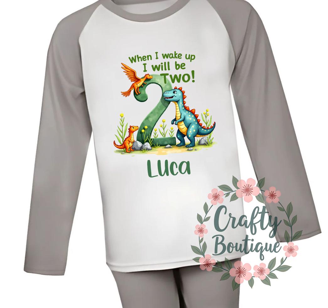 2nd Birthday Pajamas, When I Wake Up I Will Be Two, Boys Birthday PJs, Dinosaur PJs, Personalised Gift Idea, Second Birthday Tshirt   1286