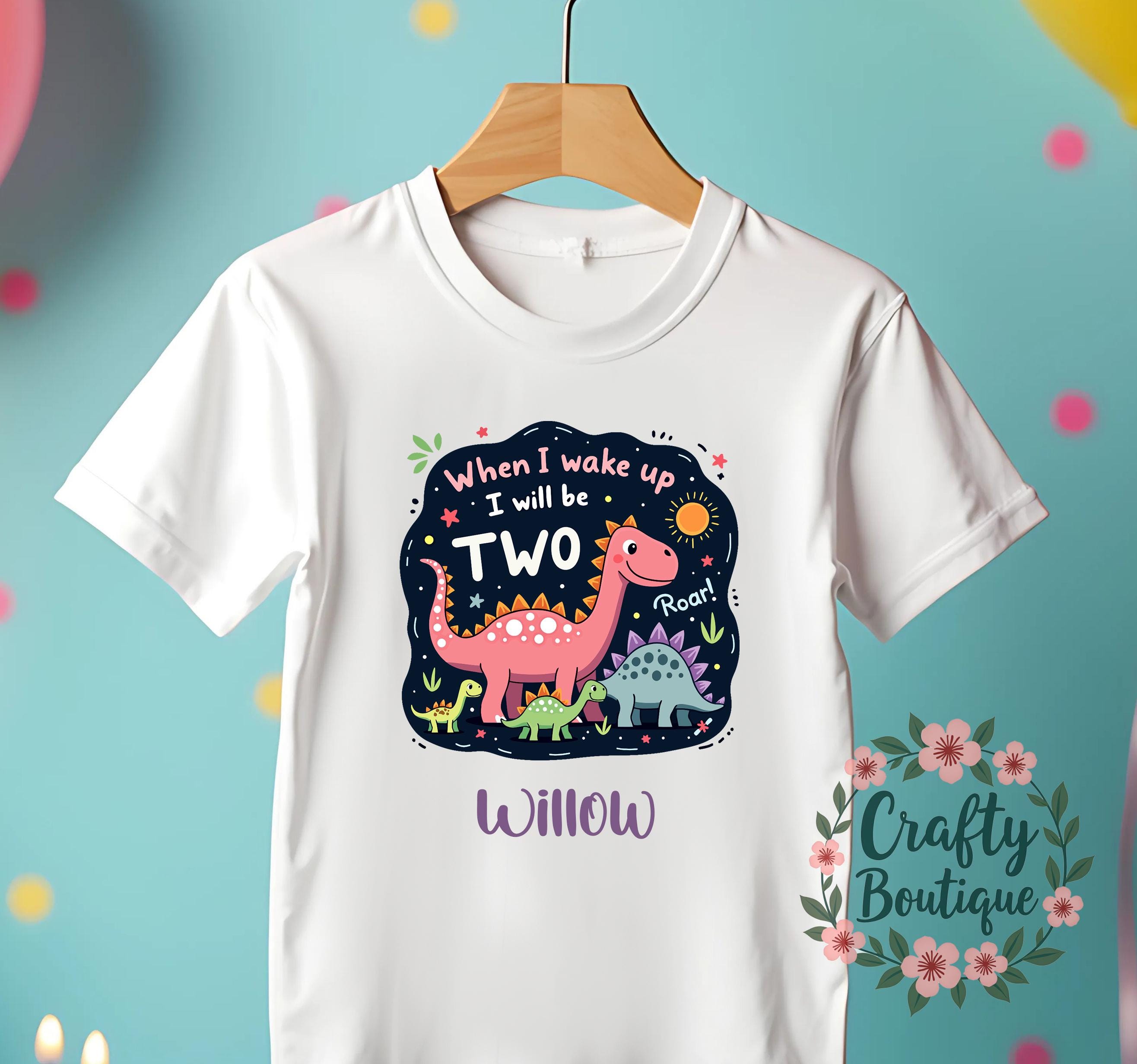 2nd Birthday T shirt, When I Wake Up I will be 2 Pajamas, Girl&#39;s Second Birthday, Dinosaur Gift, Personalised Pink Nightwear Age Two   1226