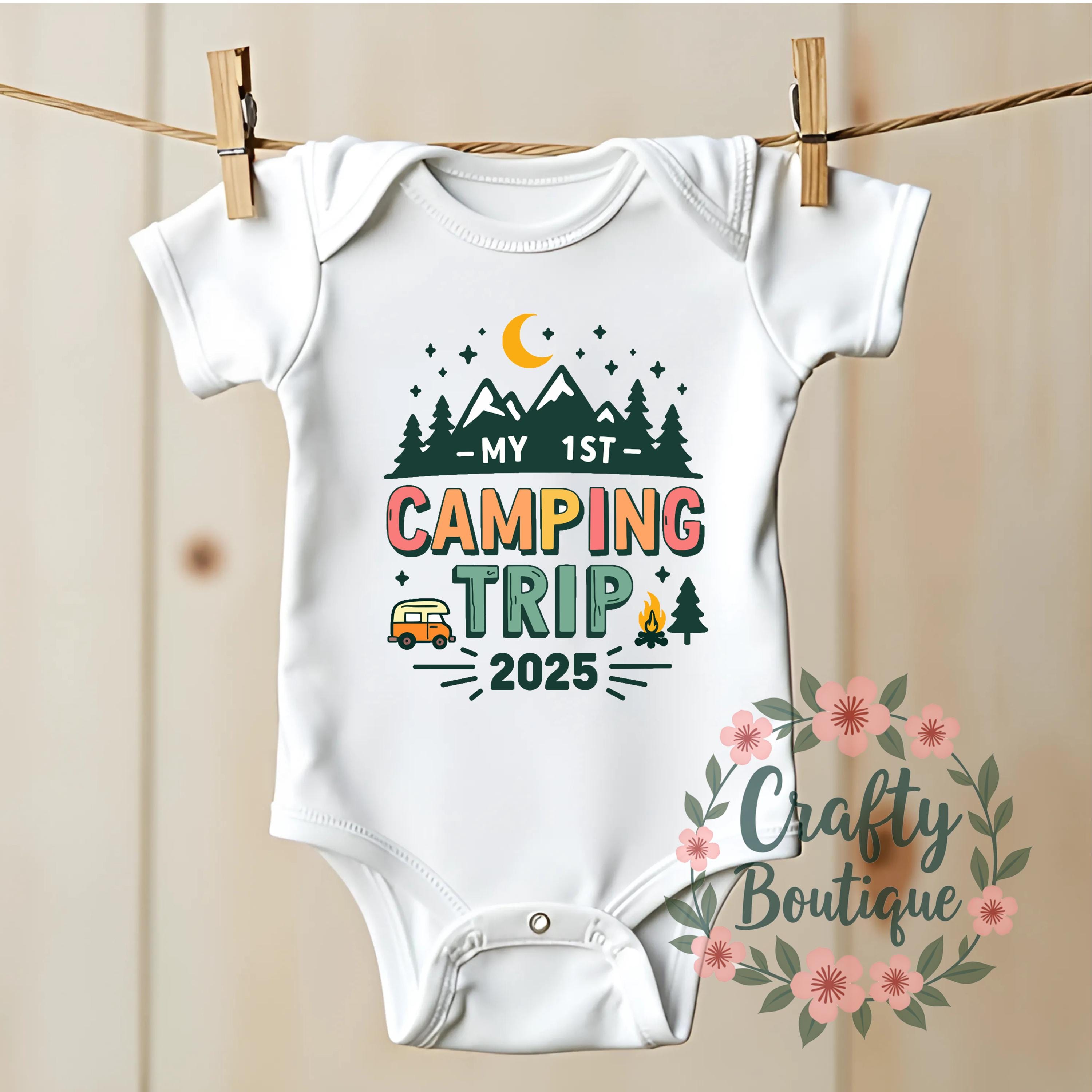 1st Camping Trip 2025, First Holiday Baby Vest, Baby Camping Outfit, Summer Outfit, Funny Baby Grow, Little Camper Gift, Kids Tshirt   1321