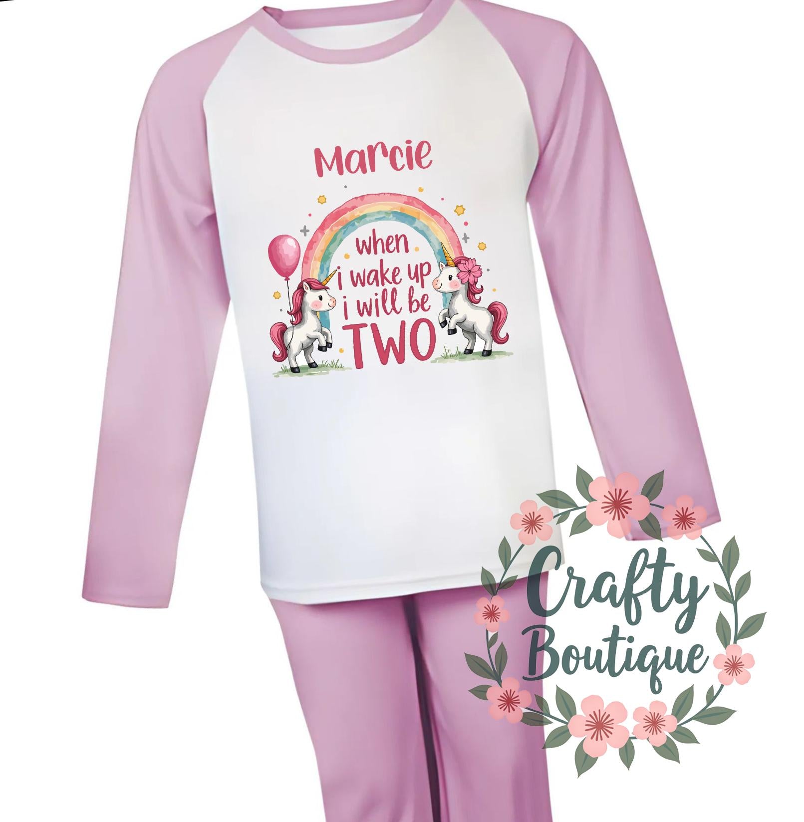 2nd Birthday PJs, When I Wake Up I will be 2 Pajamas, Girl&#39;s Second Birthday, Unicorn Gift, Personalised Pink Nightwear Age Two Year   1285