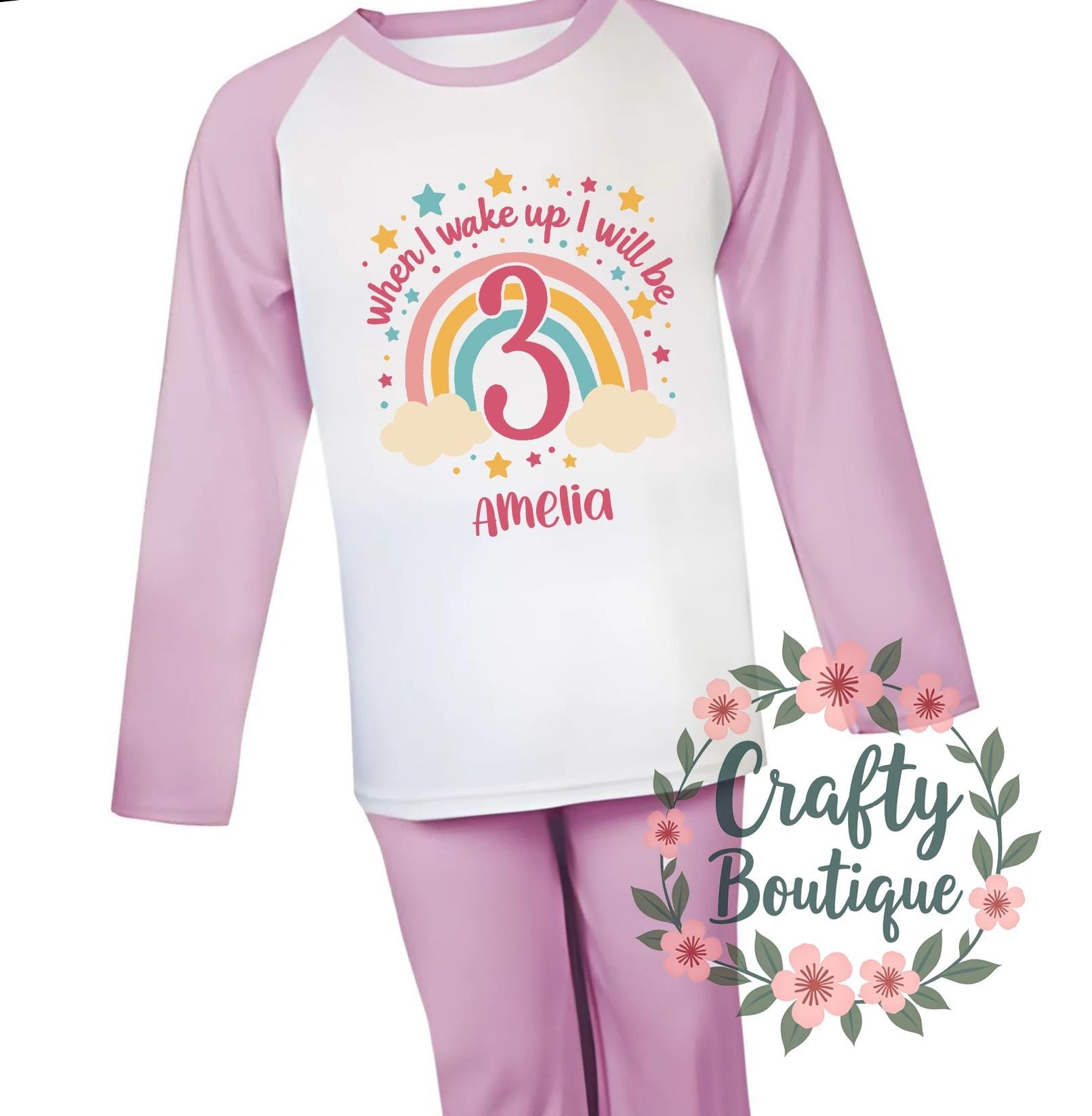 3rd Birthday PJs, Girls Birthday Outfit, Third Birthday Shirt, Kids Birthday Pyjamas, I will be Three PJs, Personalized Girl Pajamas   1274